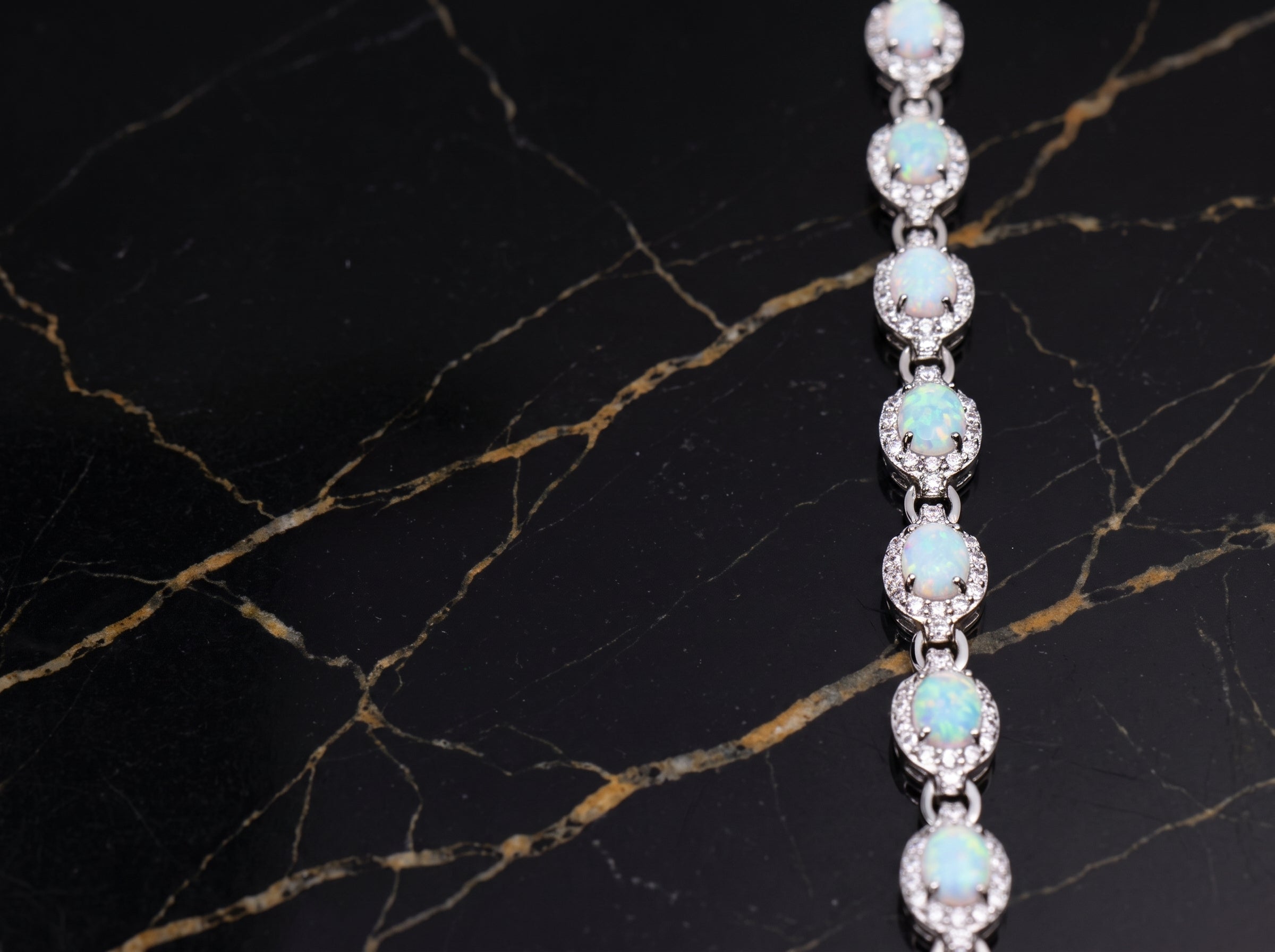Lab Created Opal Halo Tennis Bracelet 925 Sterling Silver Oval Link 7"