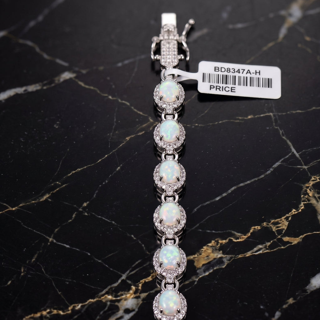Lab Created Opal Halo Tennis Bracelet 925 Sterling Silver Oval Link 7"