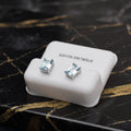 Emerald Cut Cz Earrings Blue Topaz 7x5mm 925 Sterling Silver on a white display stand
