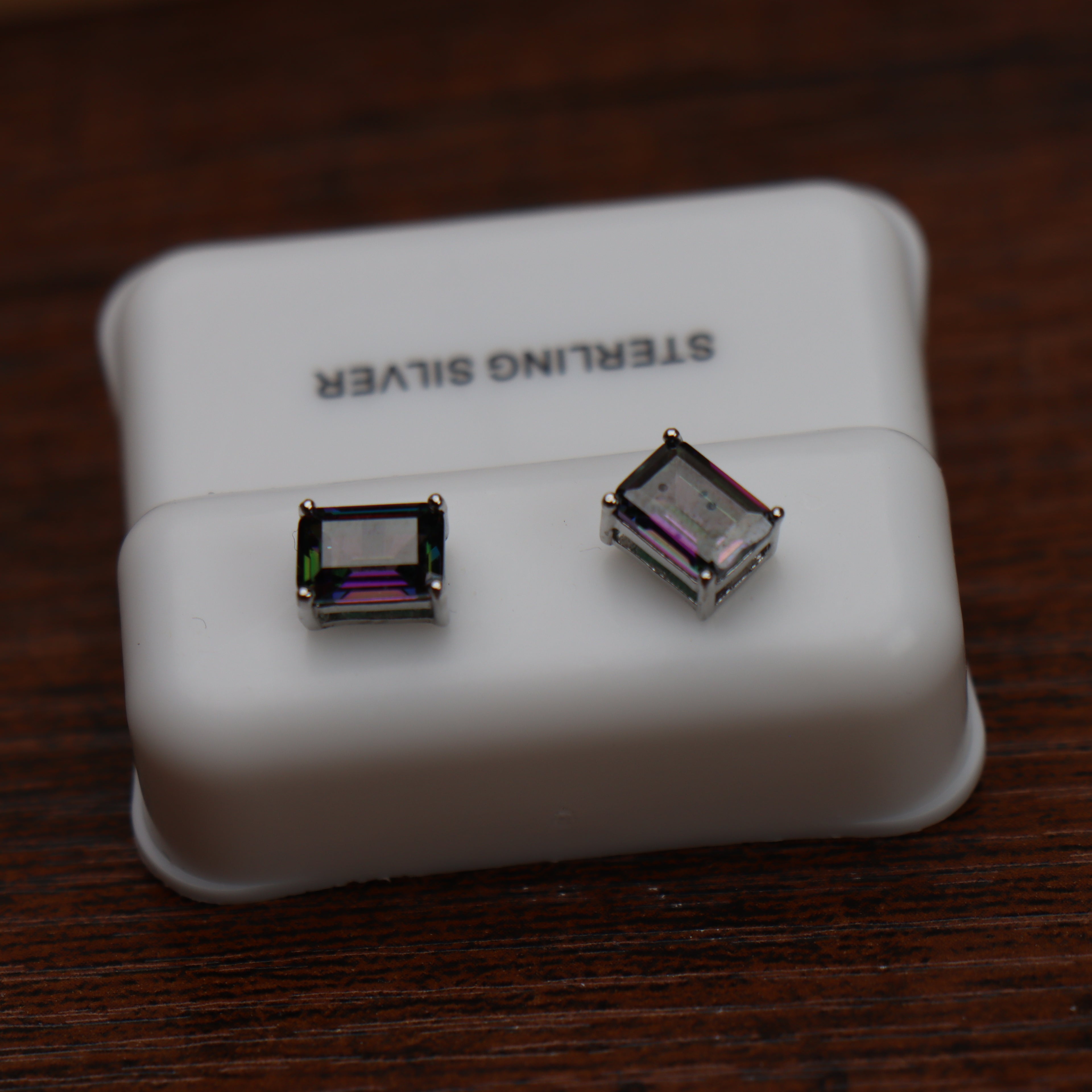 Emerald Cut Cz Earrings Mystic Topaz 7x5mm 925 Sterling Silver