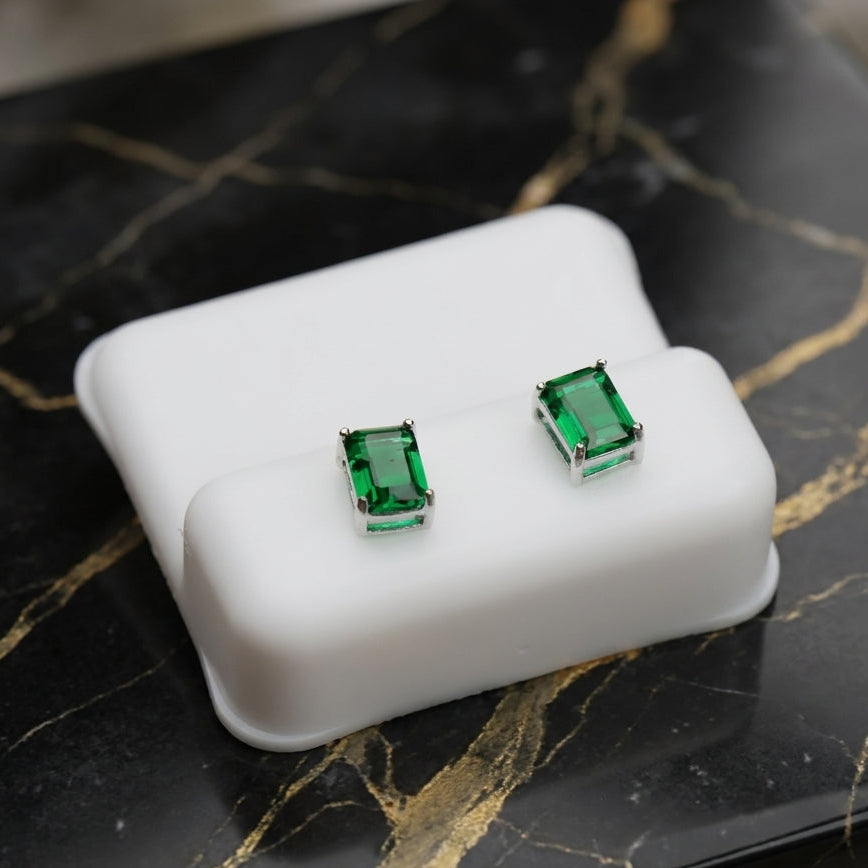 Emerald Cut Cz Earrings Emerald Green 7x5mm 925 Sterling Silver on white display