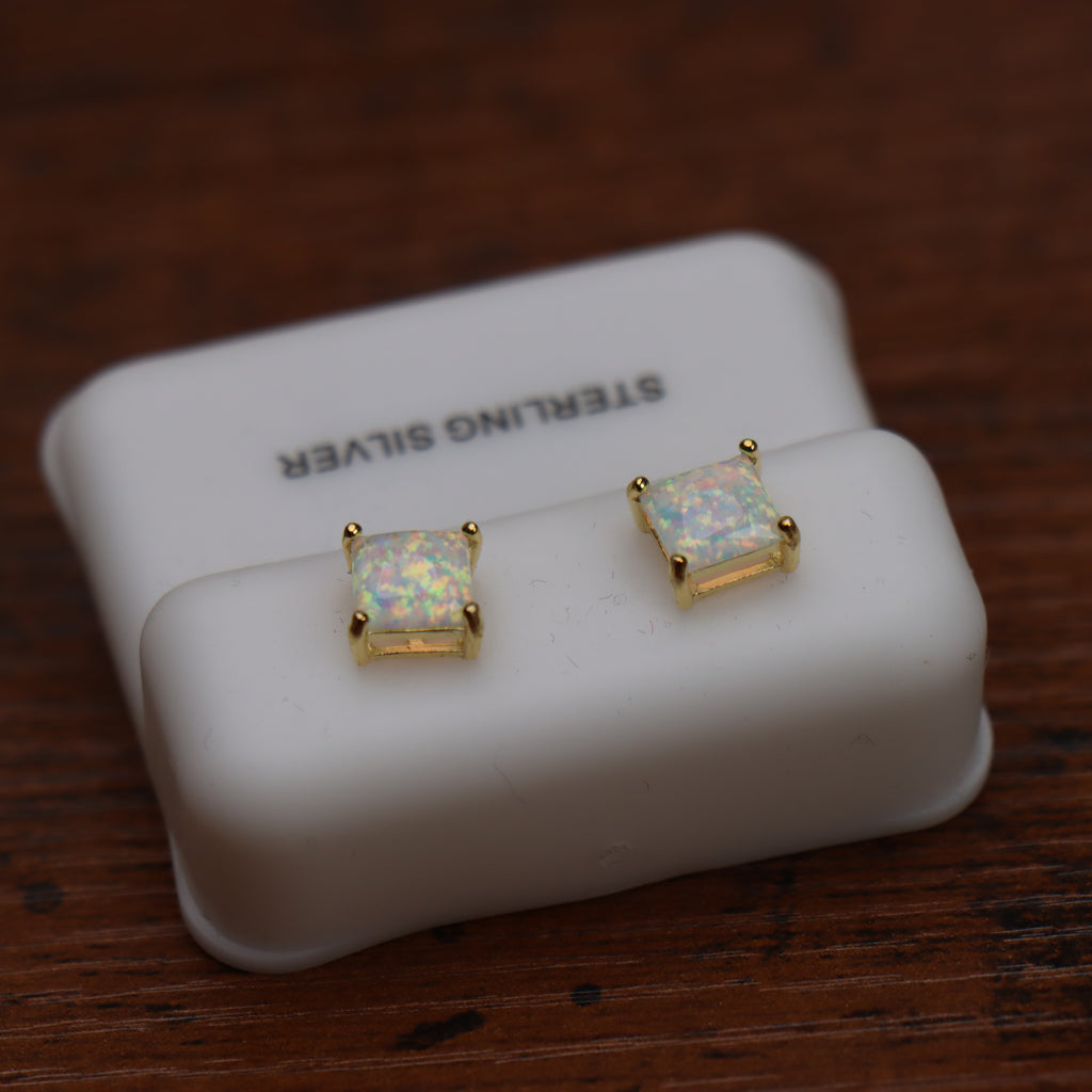 White Opal Square Earrings 14K Gold Over 925 Sterling Silver Lab Created