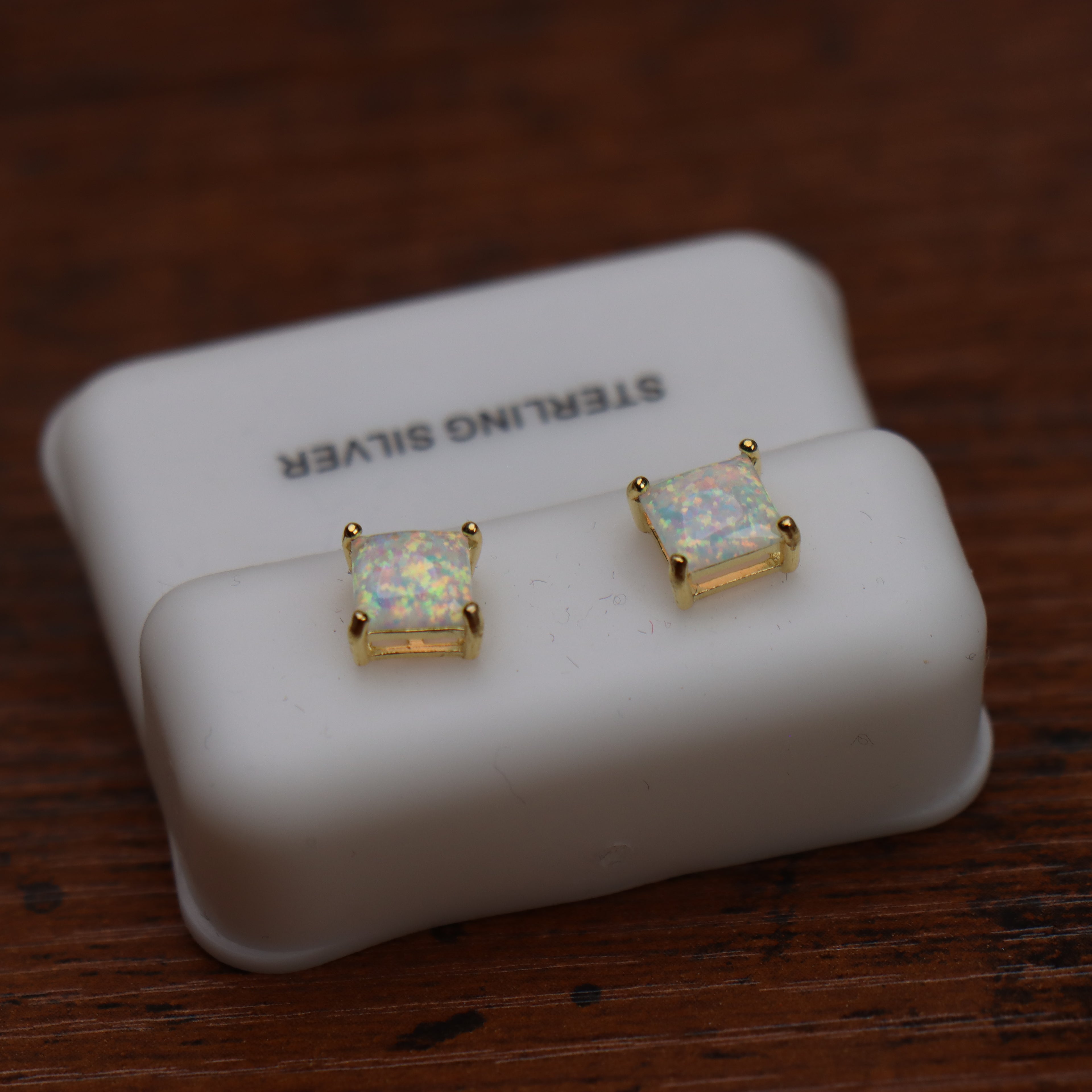 White Opal Square Earrings 14K Gold Over 925 Sterling Silver Lab Created