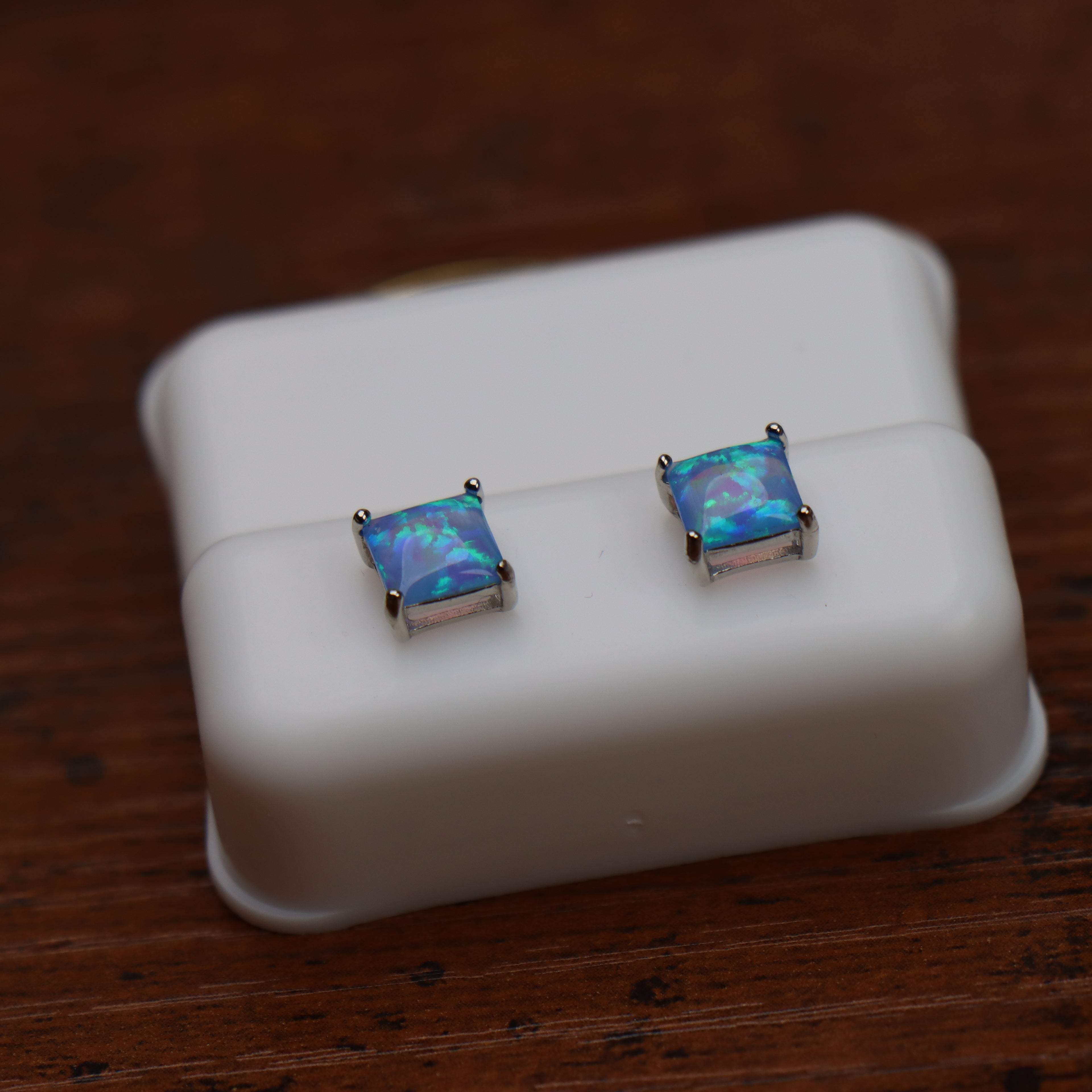 Blue Fire Opal Square Earrings 925 Sterling Silver Lab Created