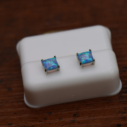 Blue Fire Opal Square Earrings 925 Sterling Silver Lab Created
