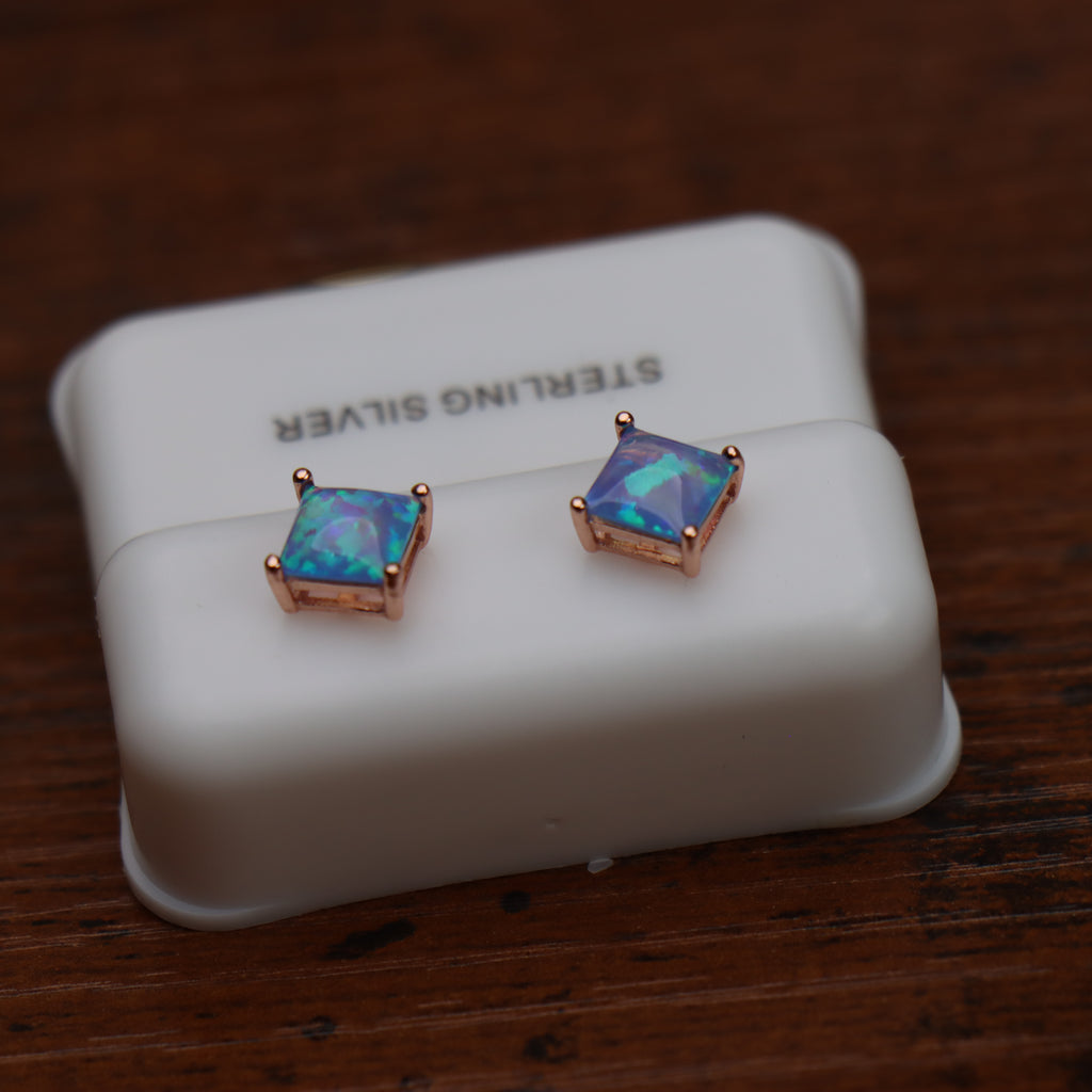 Blue Fire Opal Square Earrings Rose Gold Over 925 Sterling Silver Lab Created
