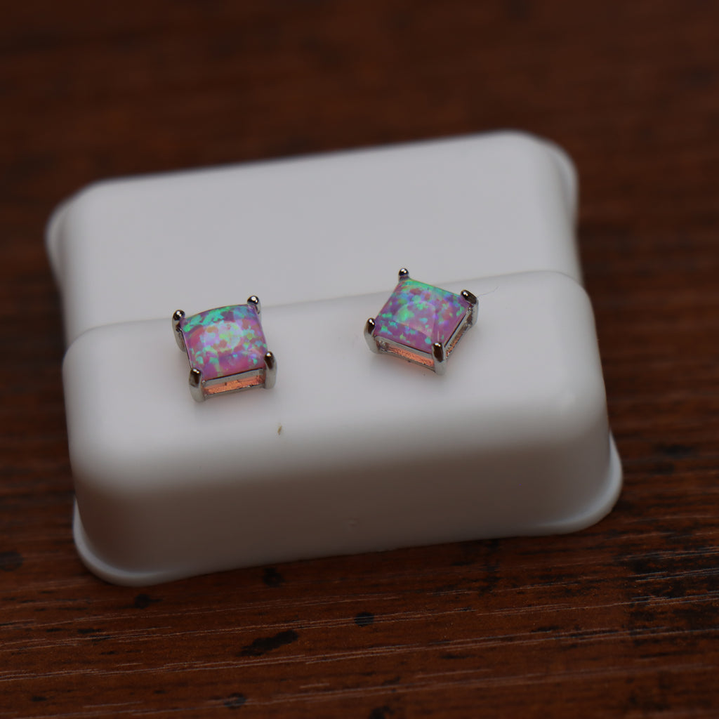 Pink Fire Opal Square Earrings 925 Sterling Silver Lab Created