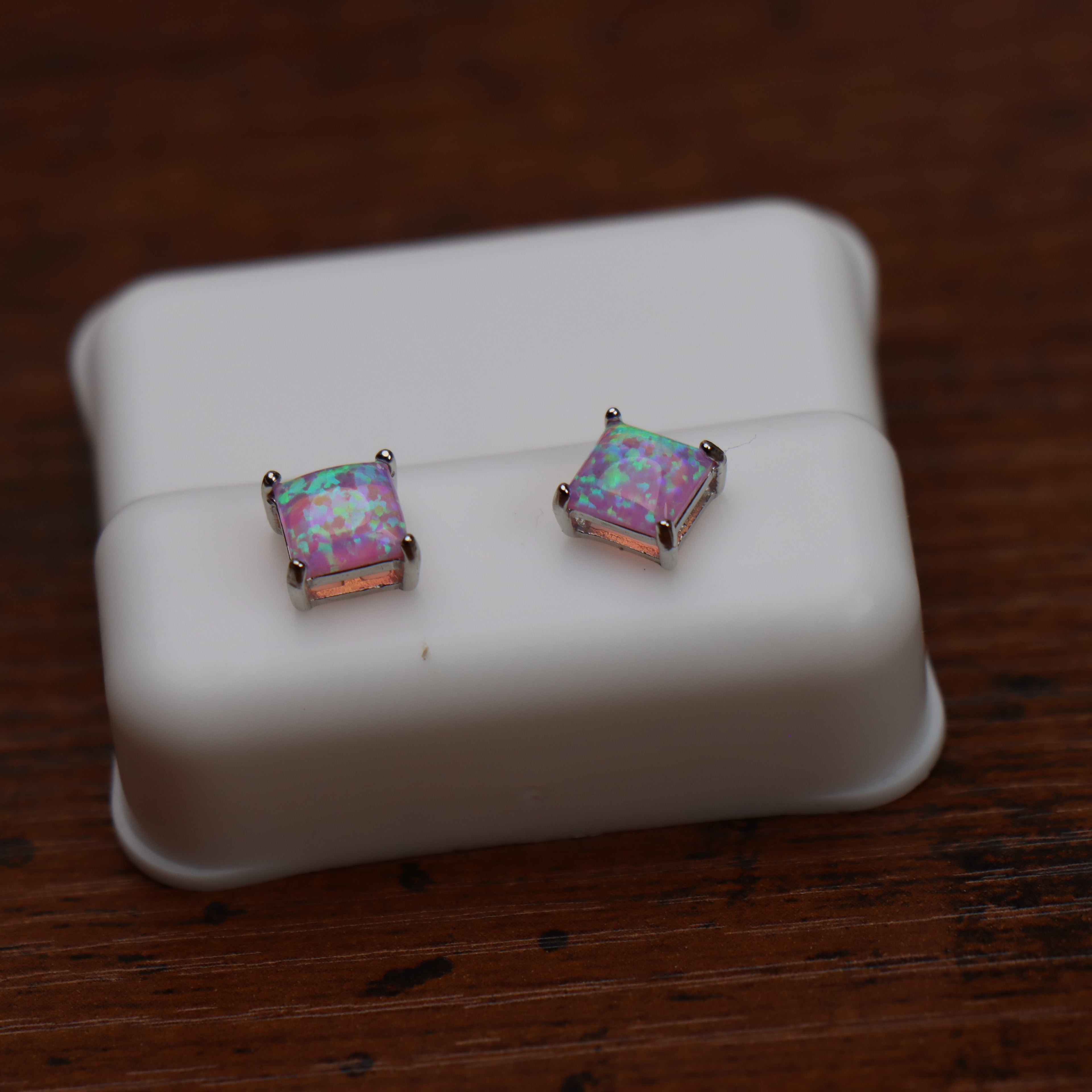 Pink Fire Opal Square Earrings 925 Sterling Silver Lab Created