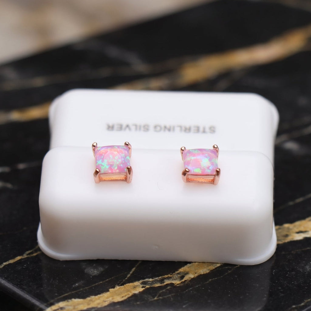Pink Fire Opal Square Earrings Rose Gold Over 925 Sterling Silver Lab Created