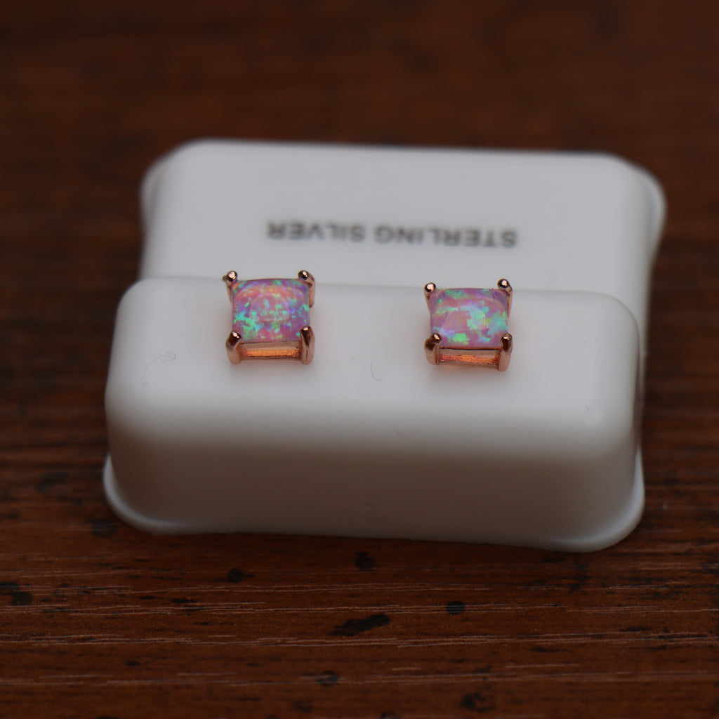 Pink Fire Opal Square Earrings Rose Gold Over 925 Sterling Silver Lab Created