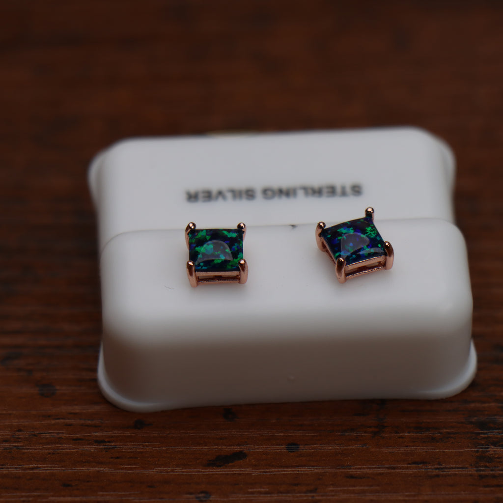 Green Fire Opal Square Earrings Rose Gold Over 925 Sterling Silver Lab Created