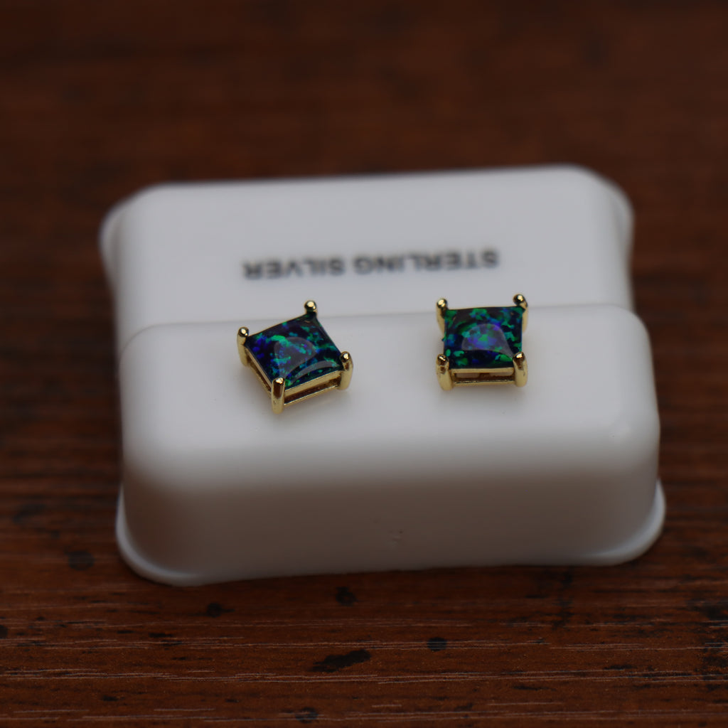 Green Fire Opal Square Earrings 14K Gold Over 925 Sterling Silver Lab Created
