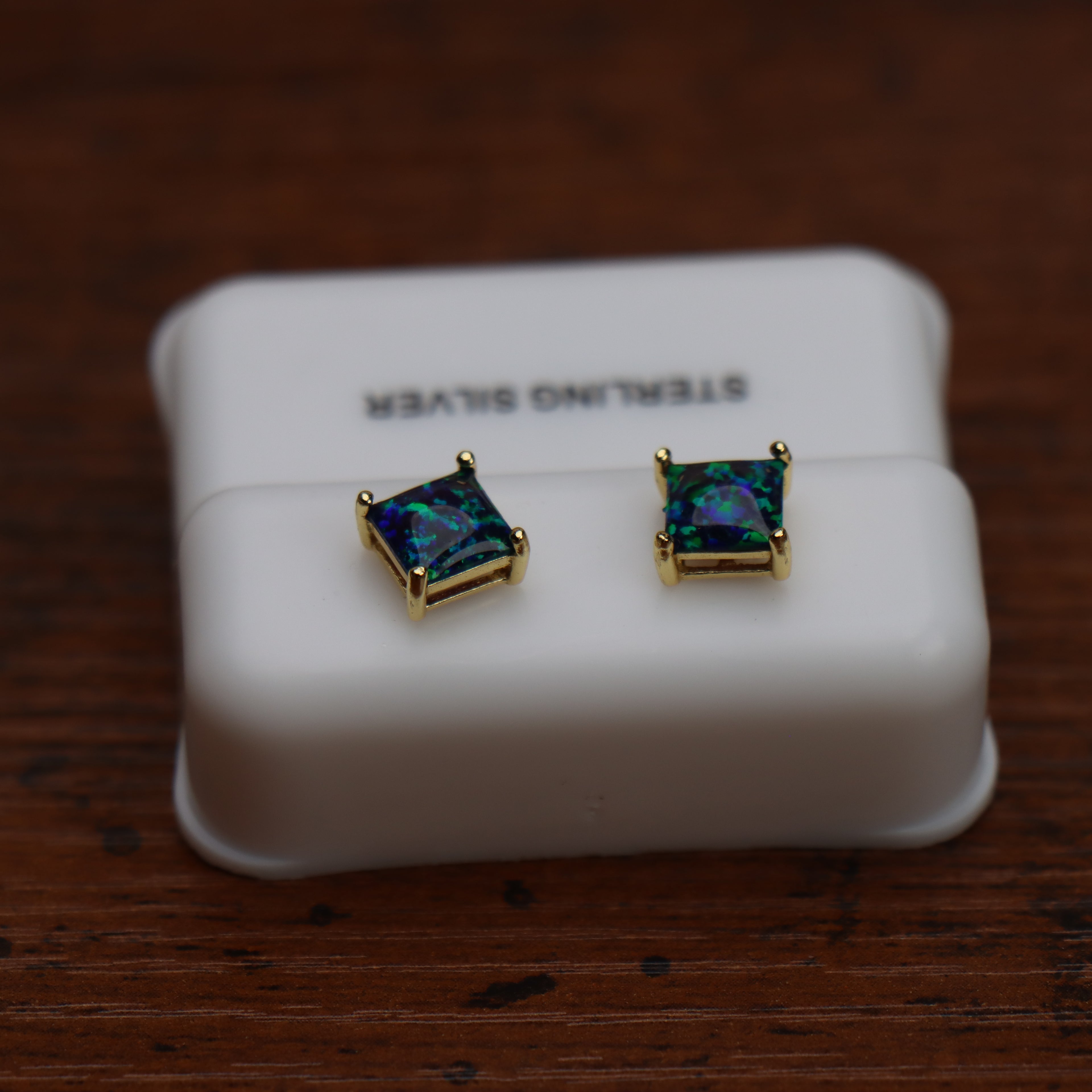 Green Fire Opal Square Earrings 14K Gold Over 925 Sterling Silver Lab Created