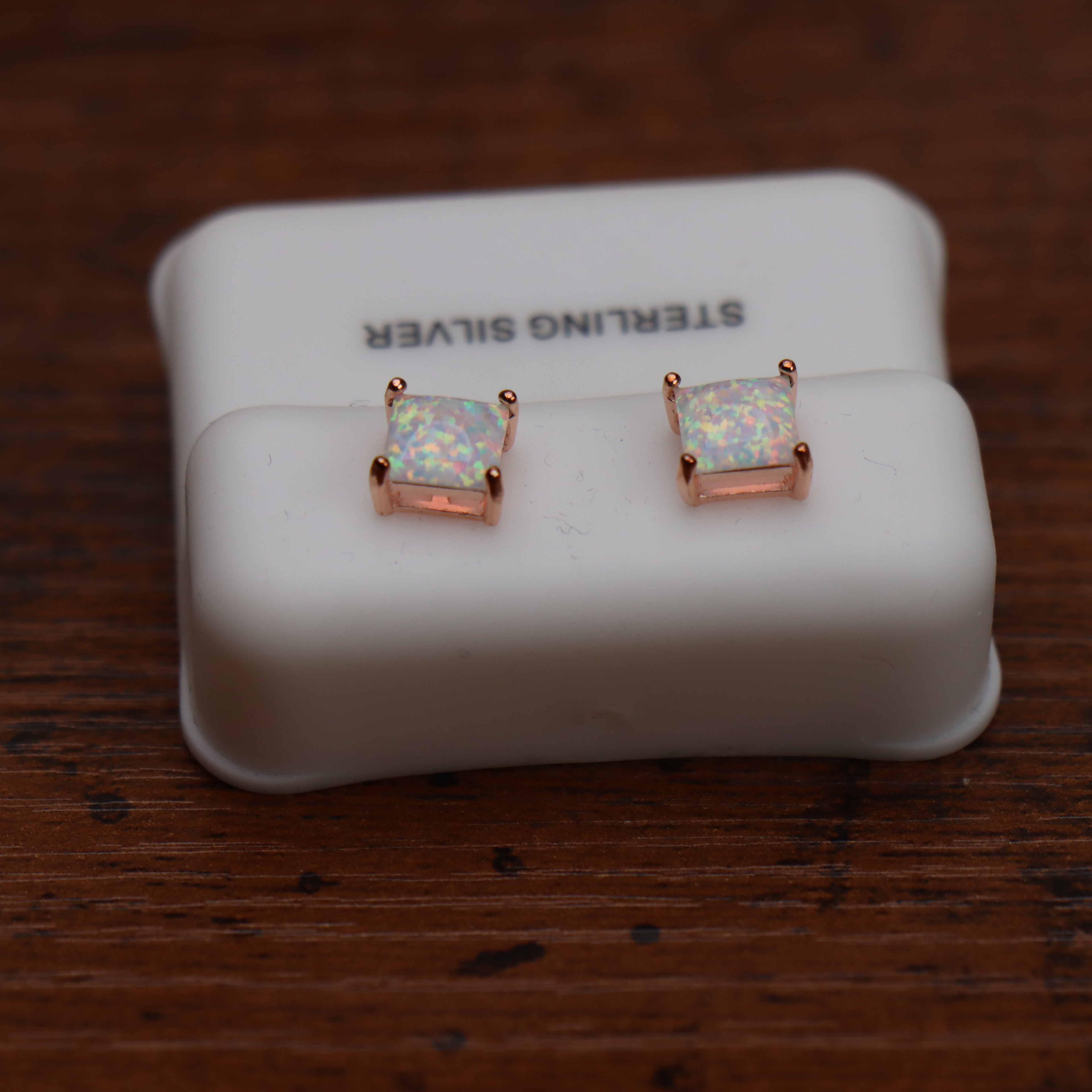White Opal Square Earrings Rose Gold Over 925 Sterling Silver Lab Created
