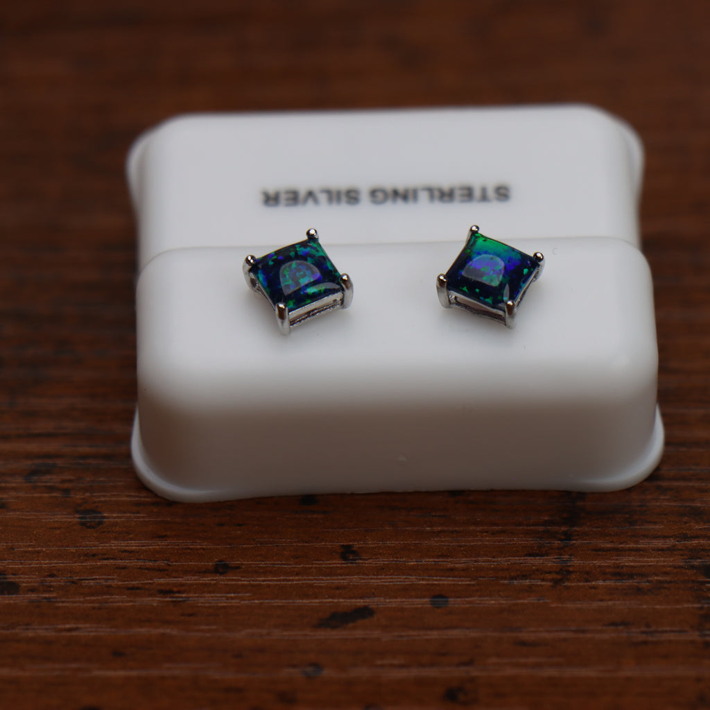 Green Fire Opal Square Earrings 925 Sterling Silver Lab Created