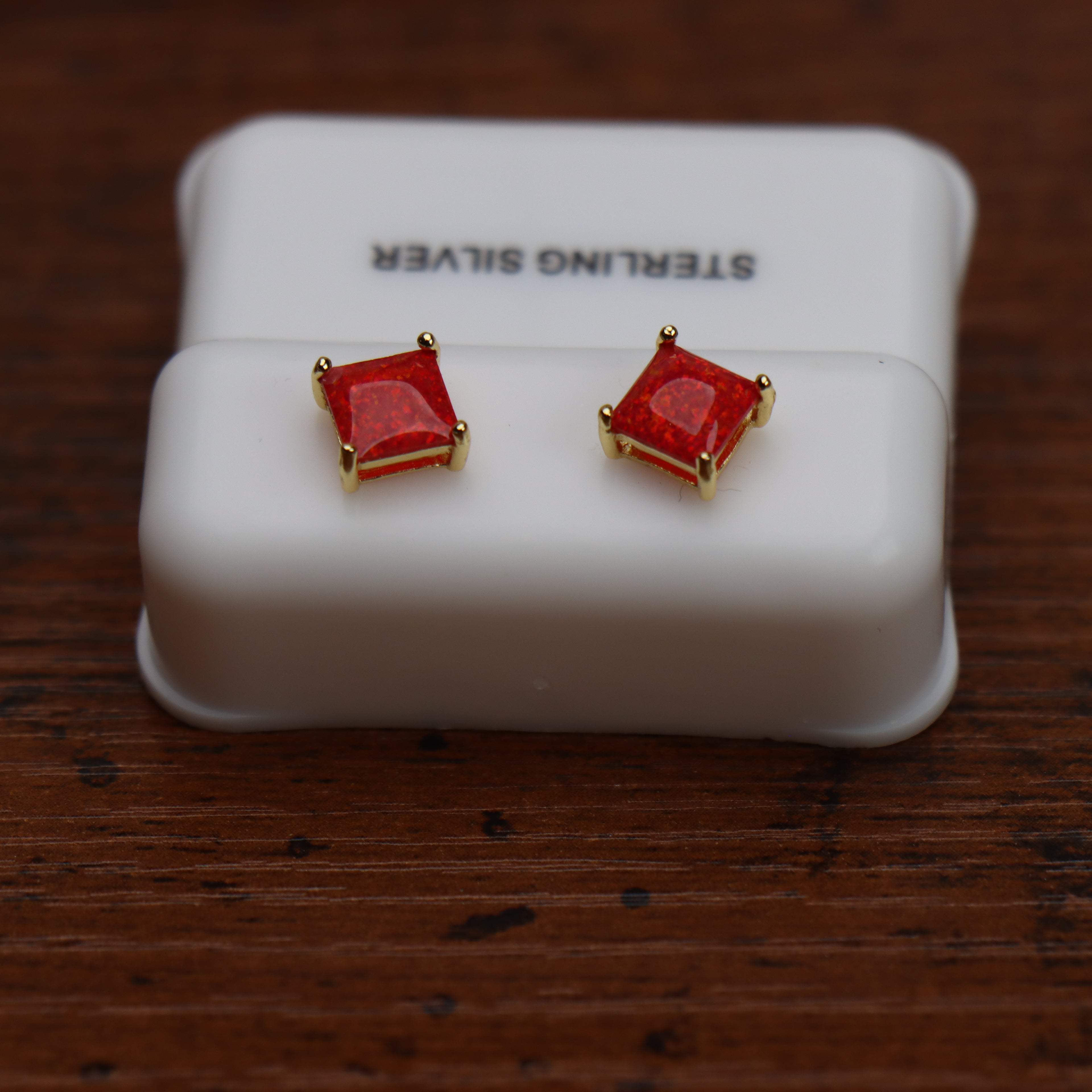 Red Fire Opal Square Earrings 14k Gold Over 925 Sterling Silver Lab Created