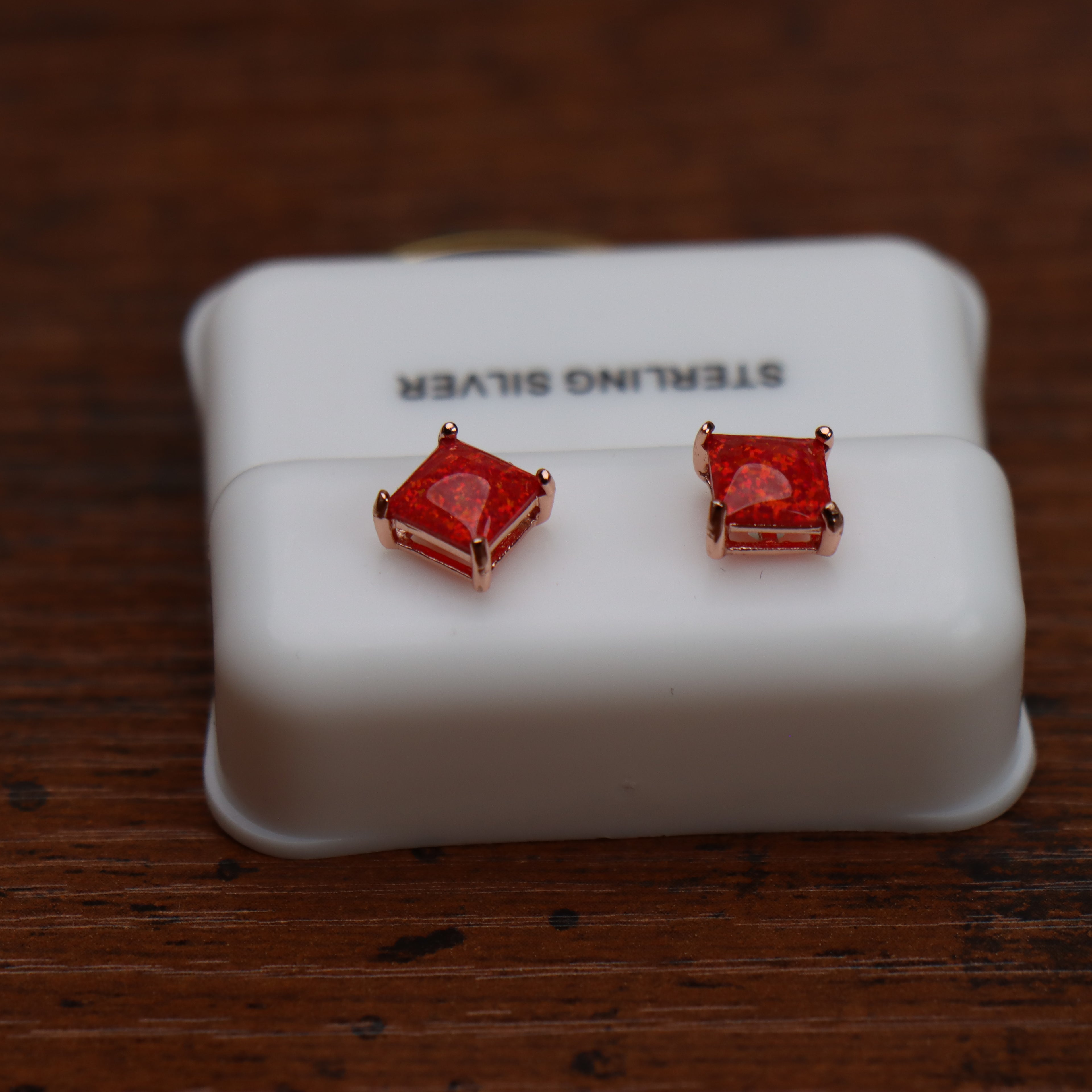Red Fire Opal Square Earrings Rose Gold Over 925 Sterling Silver Lab Created