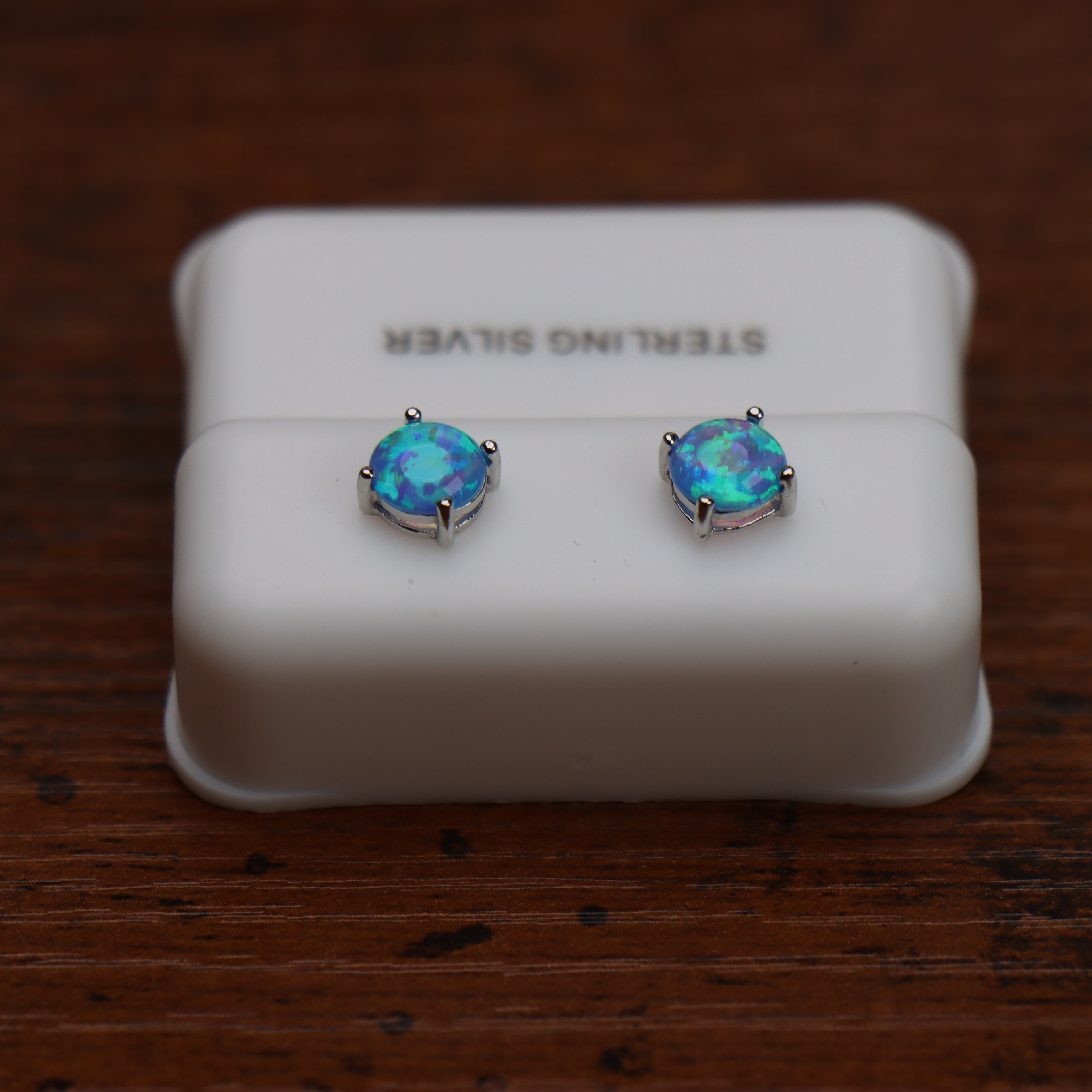 Blue Fire Opal Round Earrings 925 Sterling Silver Lab Created