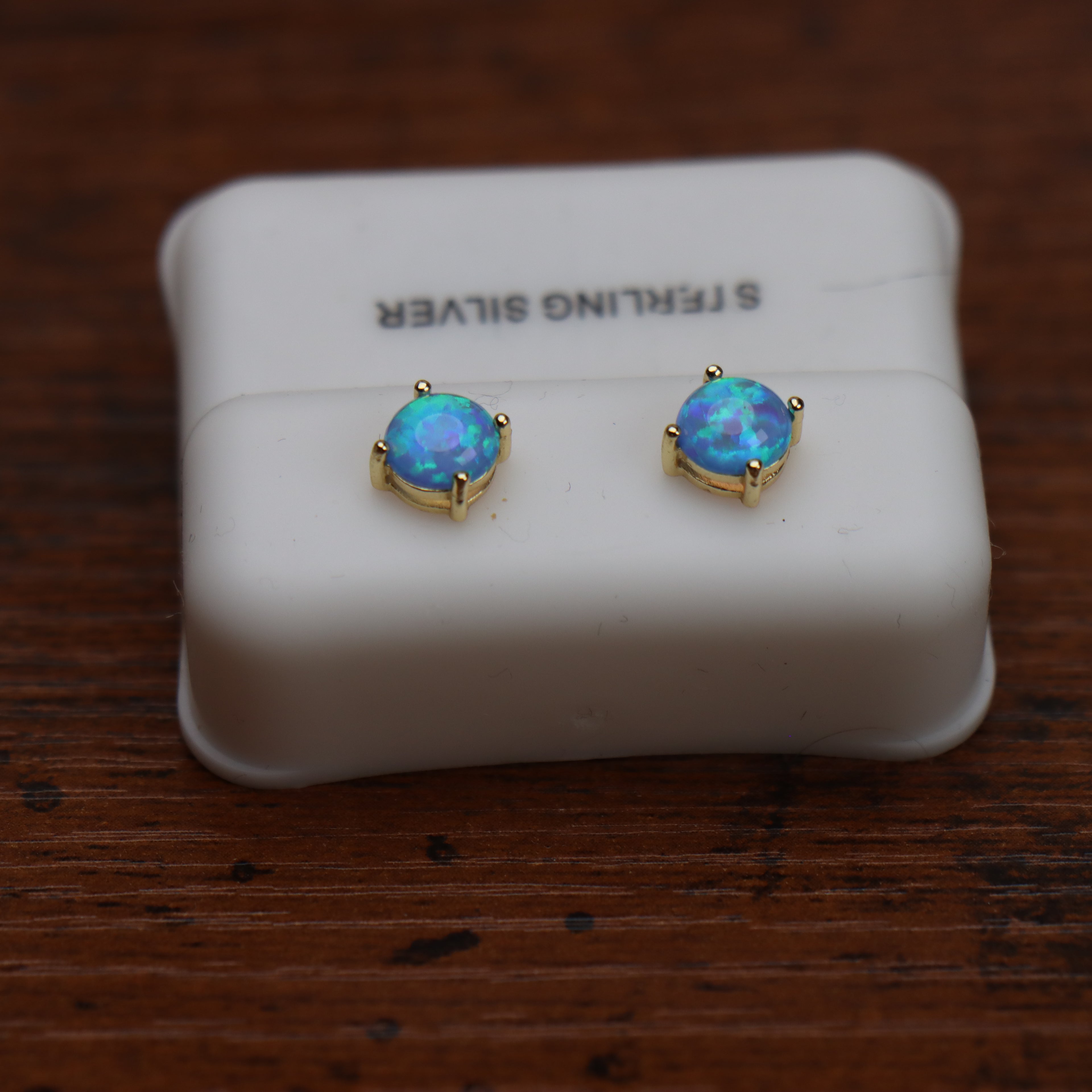 Blue Fire Opal Round Earrings 14K Over 925 Sterling Silver Lab Created