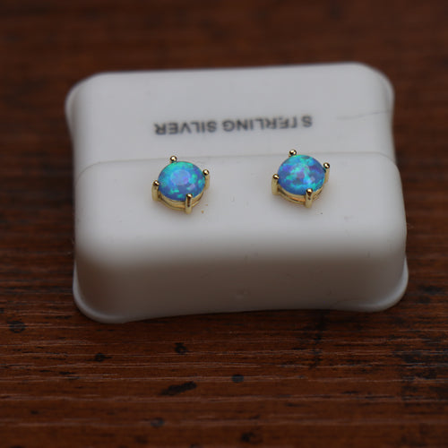 Blue Fire Opal Round Earrings 14K Over 925 Sterling Silver Lab Created