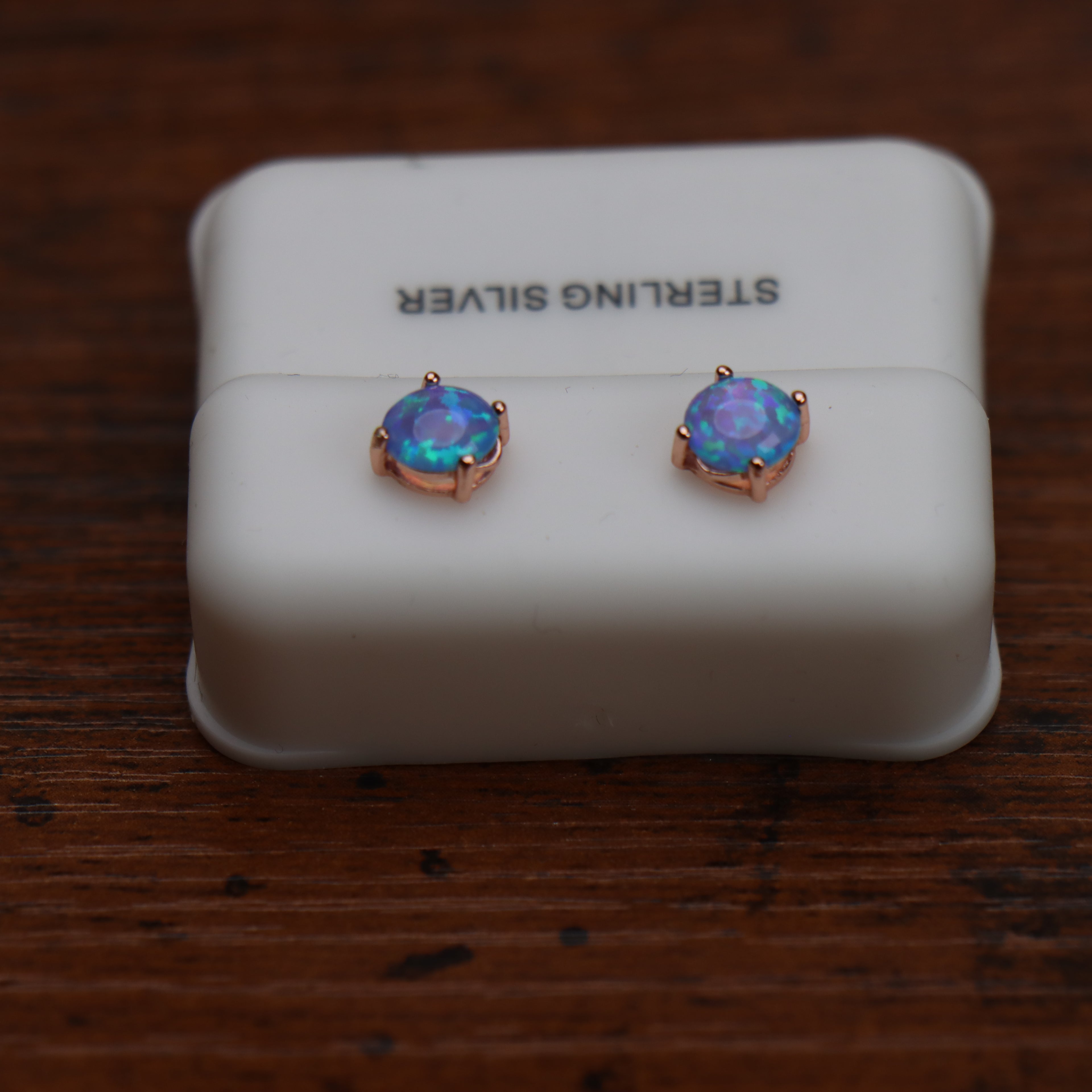 Blue Fire Opal Round Earrings Rose Gold Over 925 Sterling Silver Lab Created