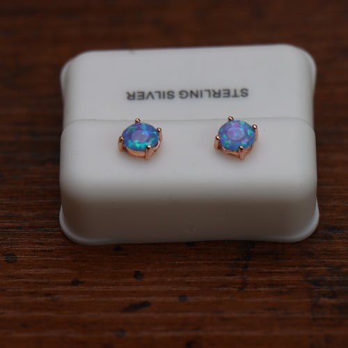 Blue Fire Opal Round Earrings Rose Gold Over 925 Sterling Silver Lab Created