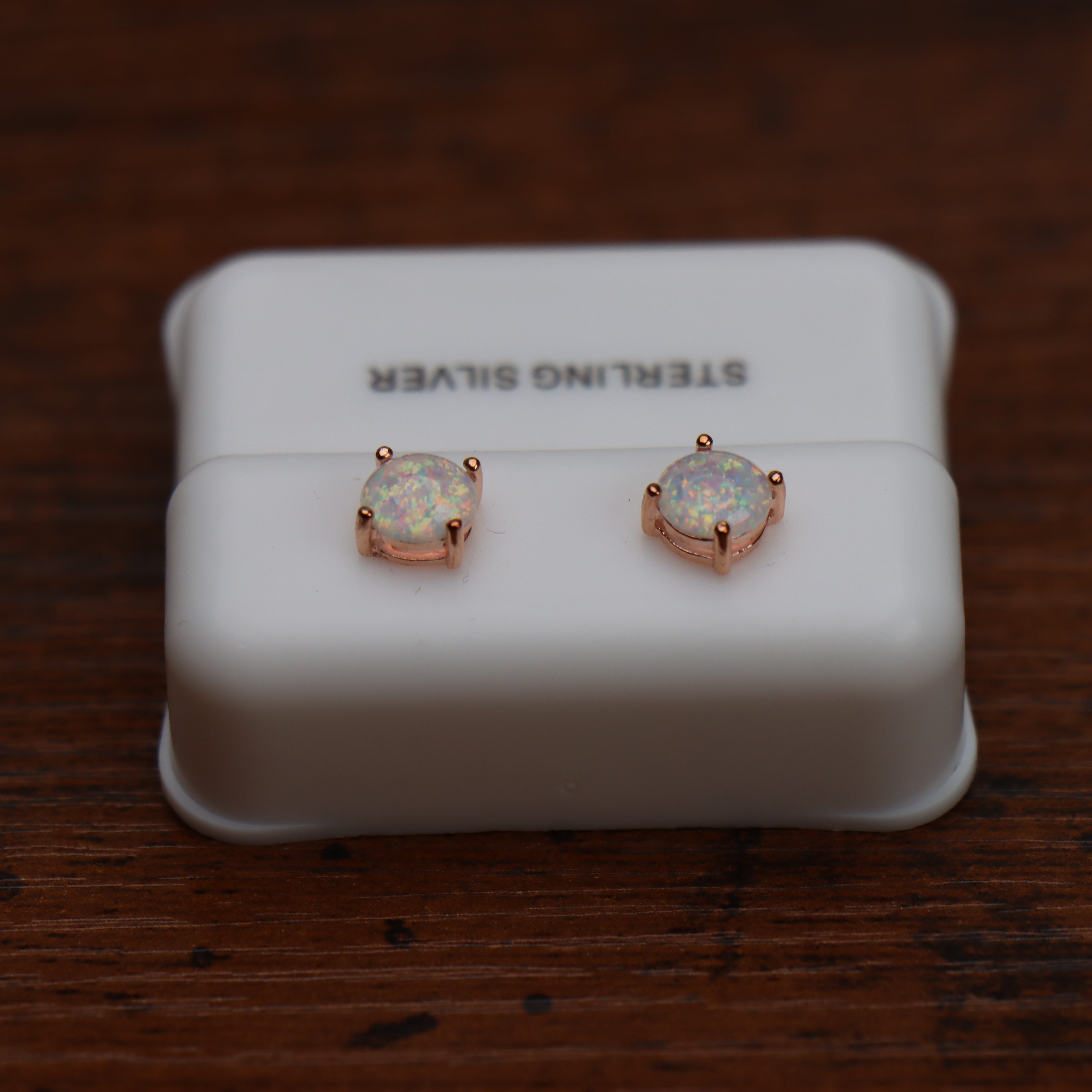 White Opal Round Earrings 925 Rose Gold Over 925 Sterling Silver Lab Created