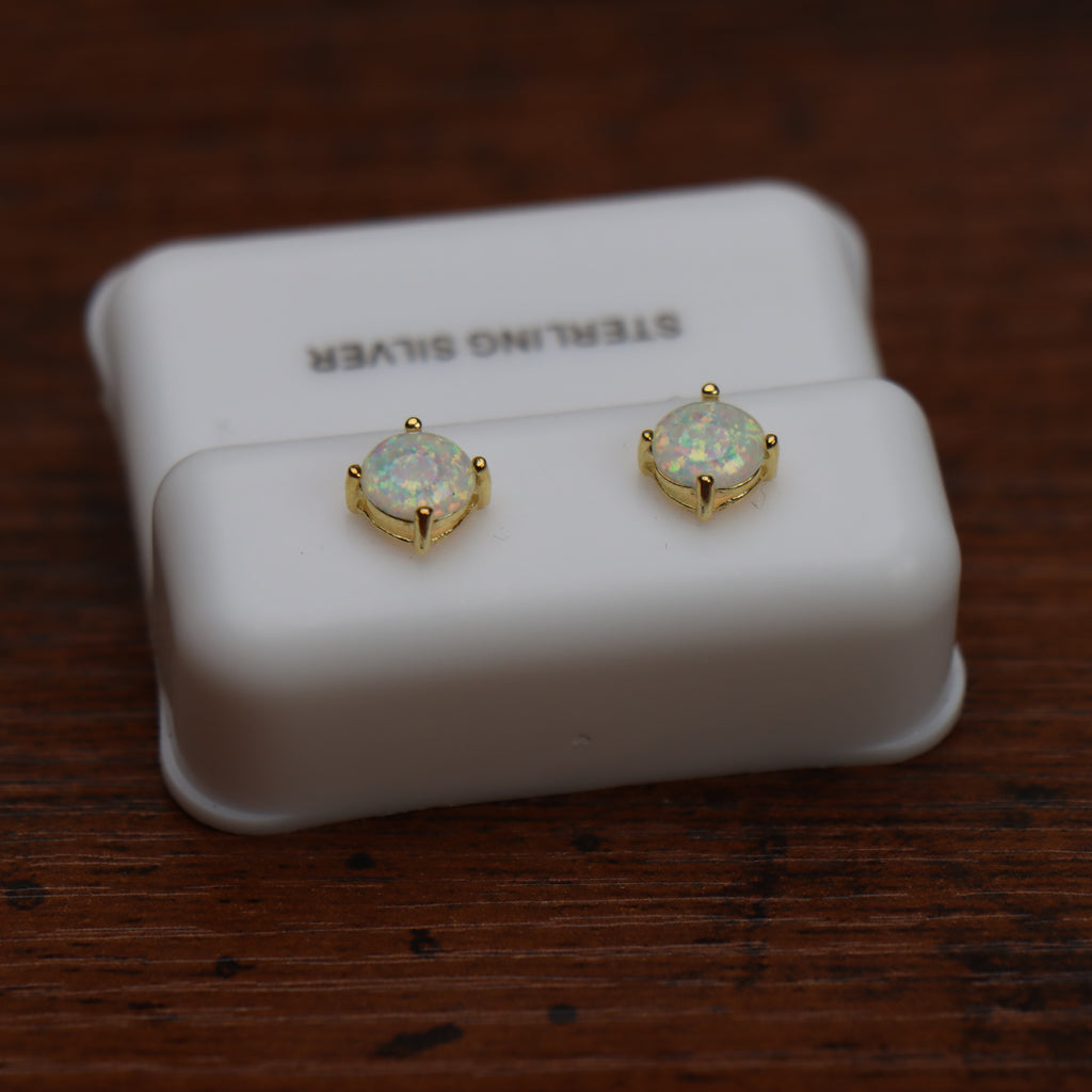 Whte Opal Round Earrings 14K Over 925 Sterling Silver Lab Created 6mm