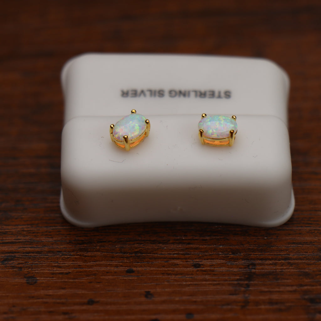 White Opal Oval Earrings 14k Gold Over 925 Sterling Silver Lab Created 4x6mm