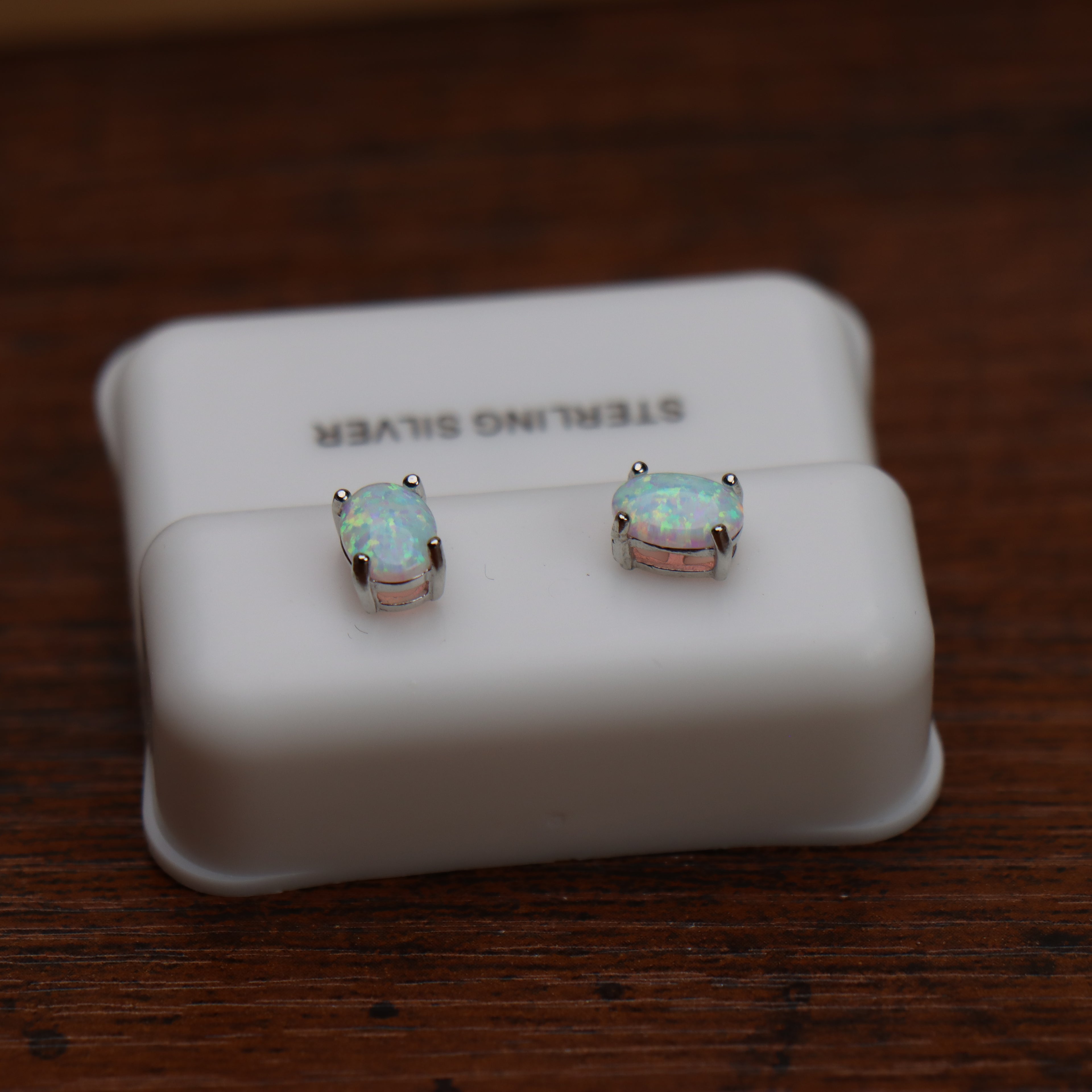 White Opal Oval Earrings 925 Sterling Silver Lab Created 4x6mm Pushbacks