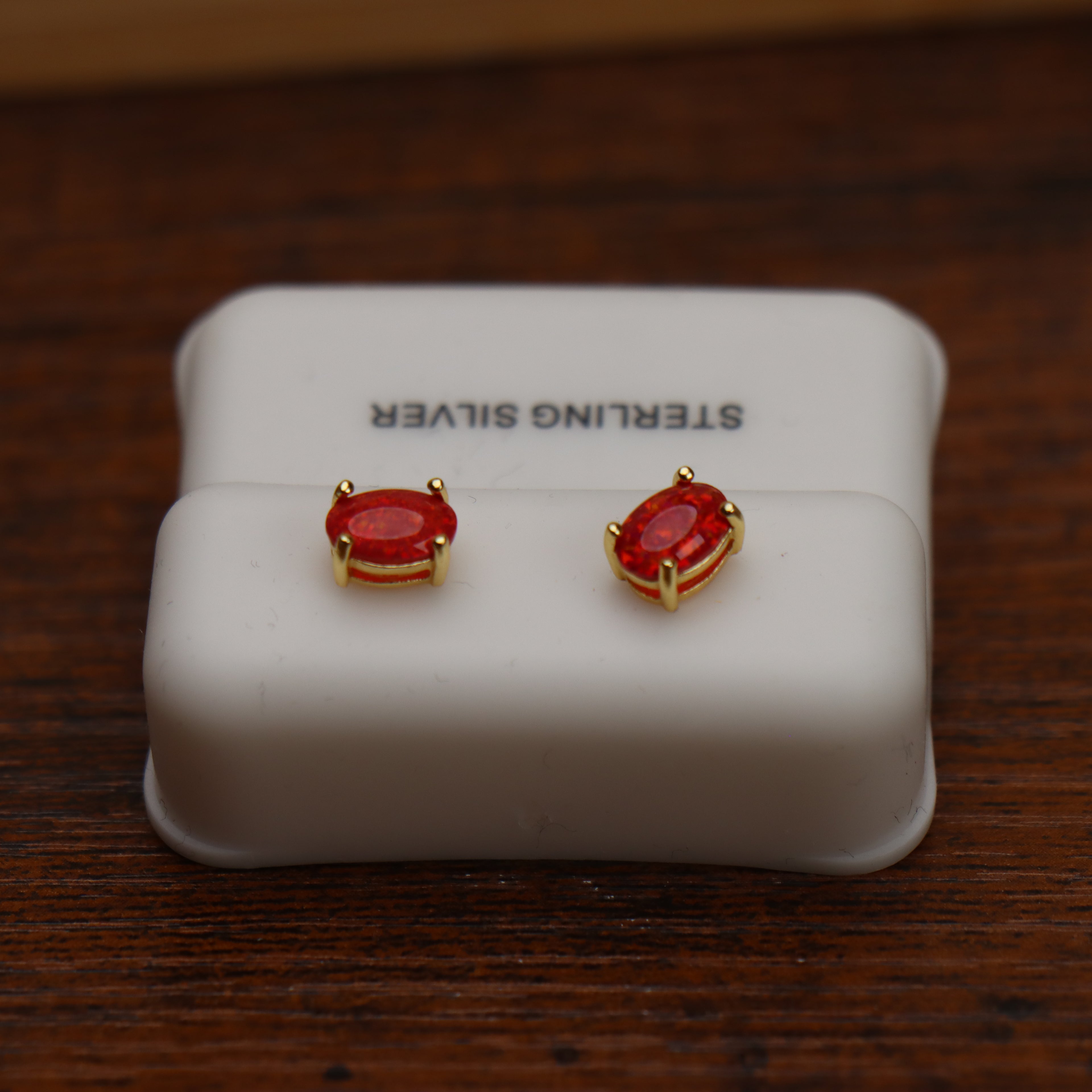 Red Opal Oval Earrings 14k Gold Over 925 Sterling Silver Lab Created 4x6mm