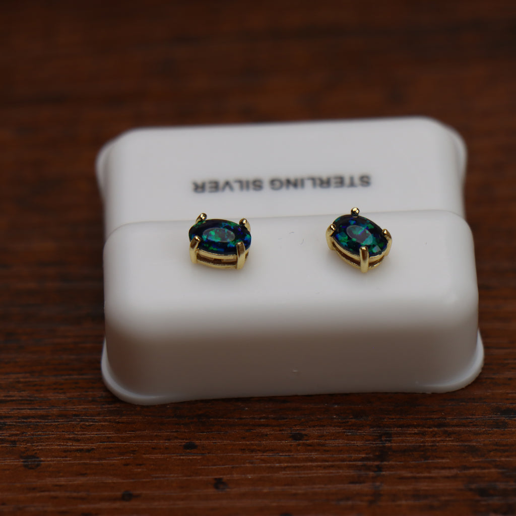 Blue Green Opal Oval Earrings 14k Gold Over 925 Sterling Silver Lab Created 4x6