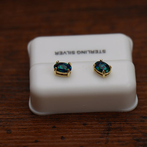 Blue Green Opal Oval Earrings 14k Gold Over 925 Sterling Silver Lab Created 4x6