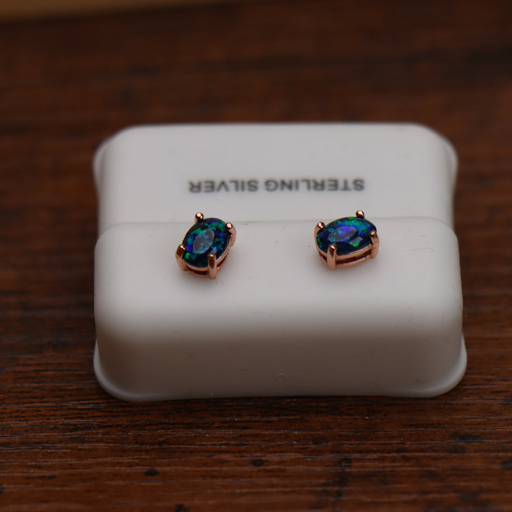 Blue Green Opal Oval Earrings Rose Gold Over 925 Sterling Silver Lab Created