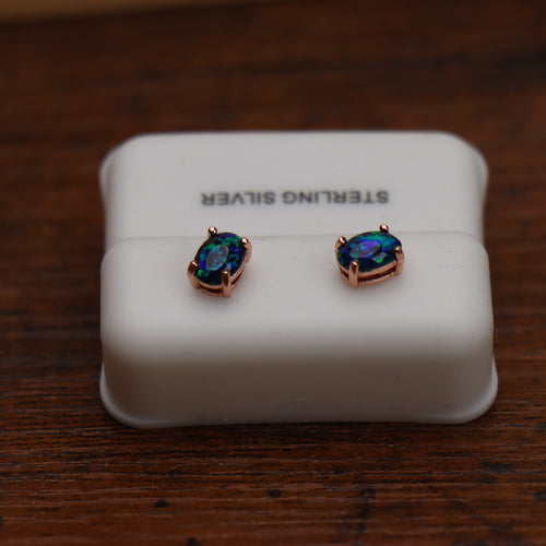 Blue Green Opal Oval Earrings Rose Gold Over 925 Sterling Silver Lab Created