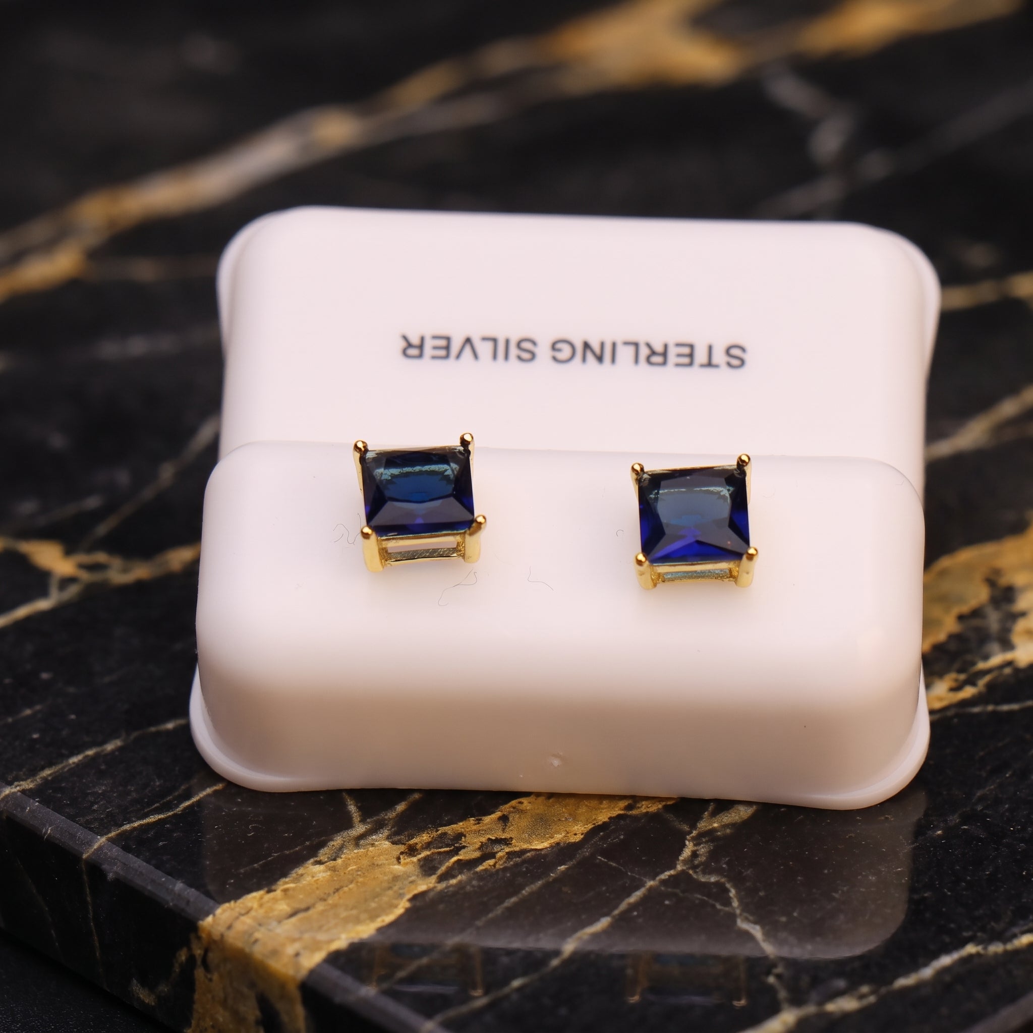 Dark Blue Cz Earrings Square 14k Gold over 925 Sterling Silver