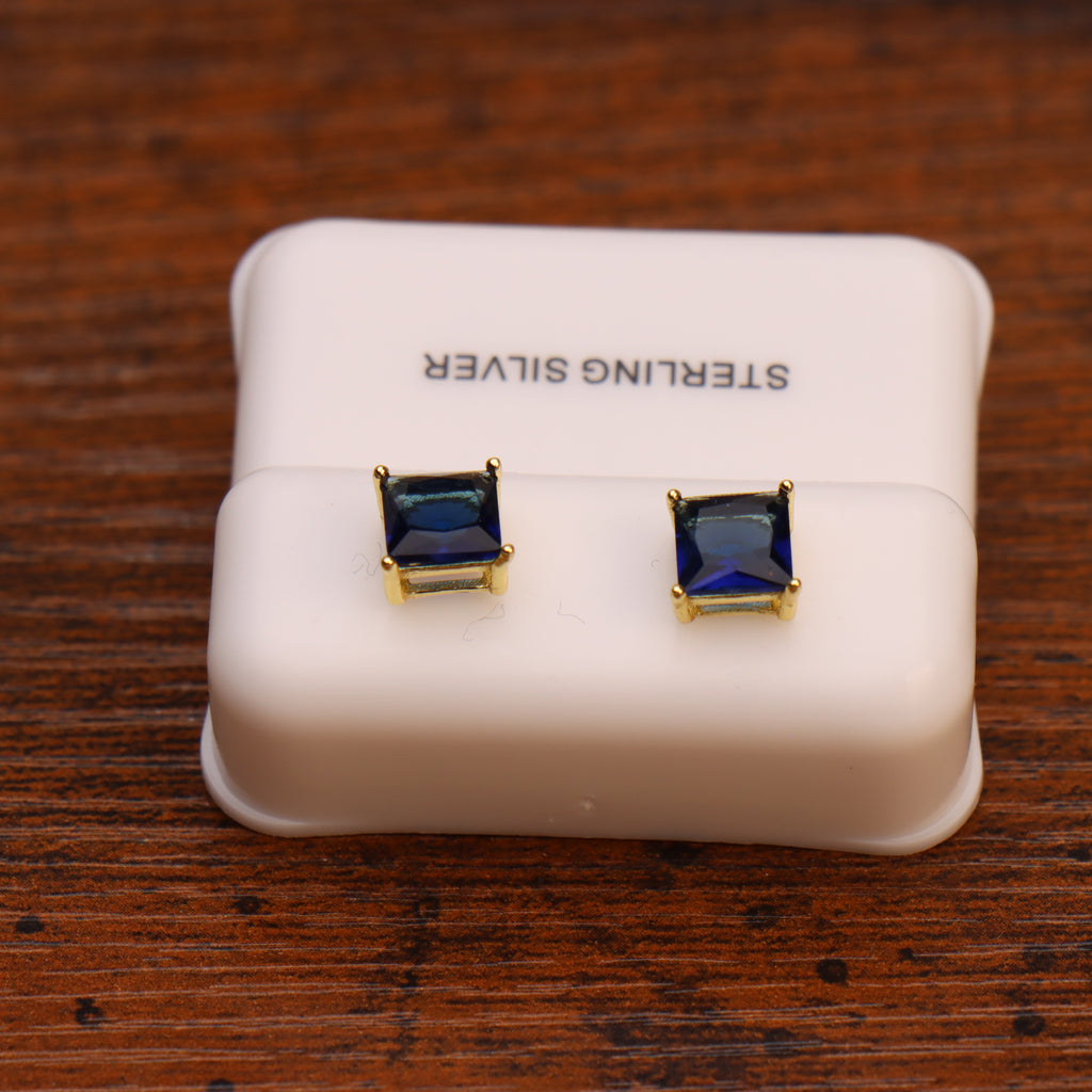 Blue Sapphire Cz Earrings Square 14k Gold over 925 Sterling Silver