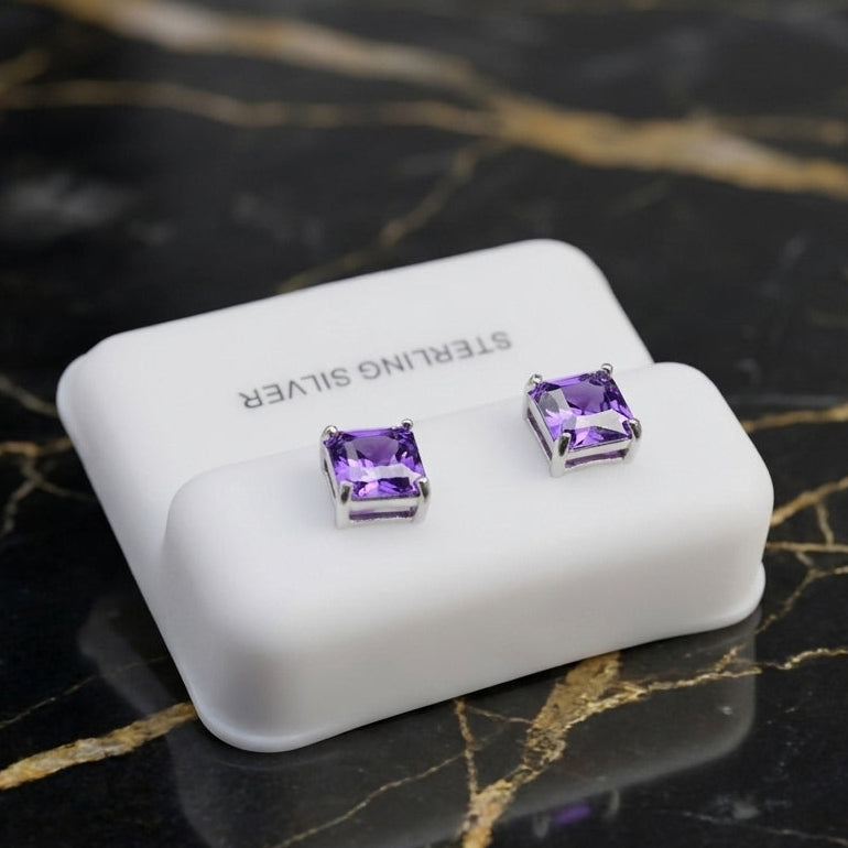 Purple CZ earrings square Asscher cut 925 sterling silver
