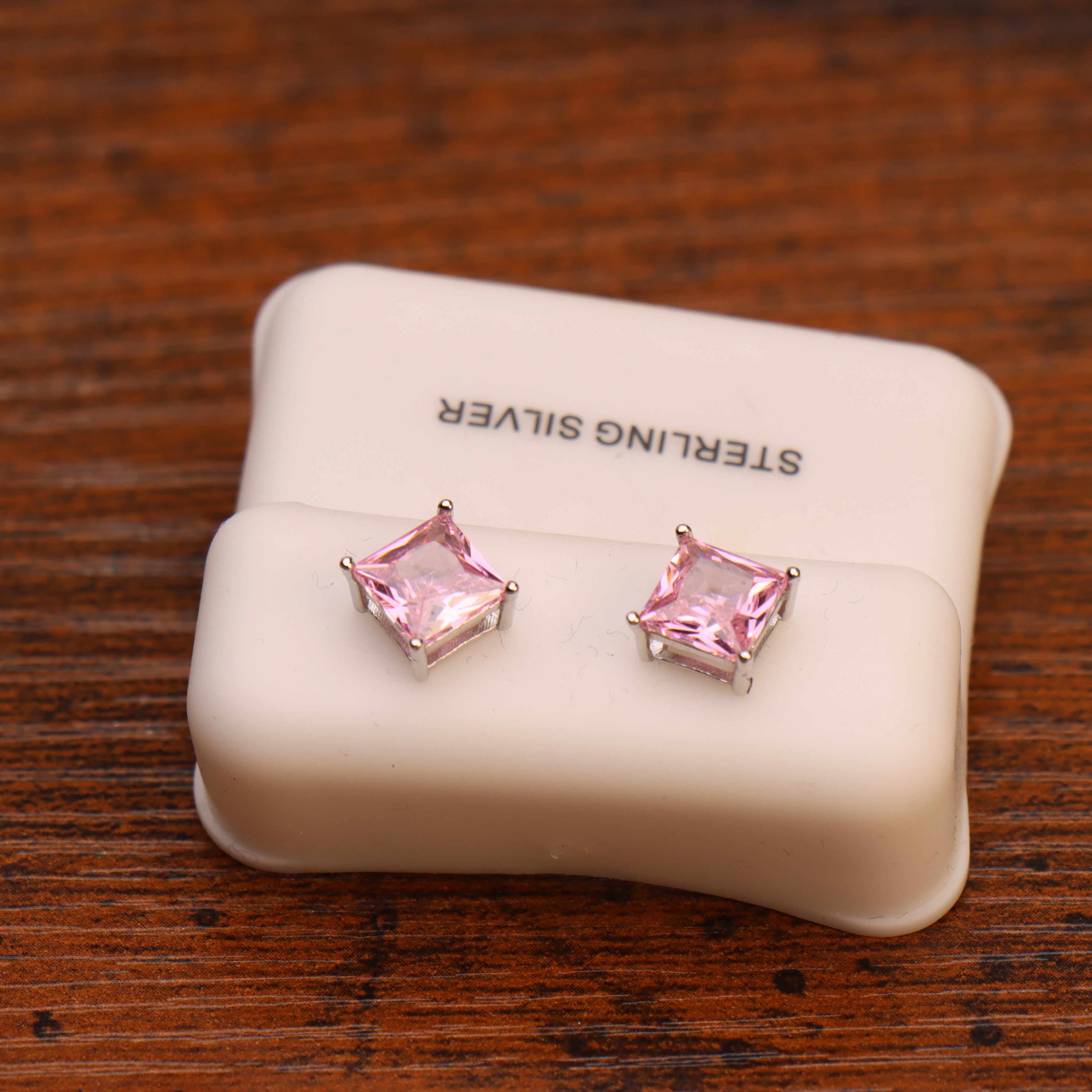 Pink Sapphire Cz Earrings Square Princess Cut 925 Silver