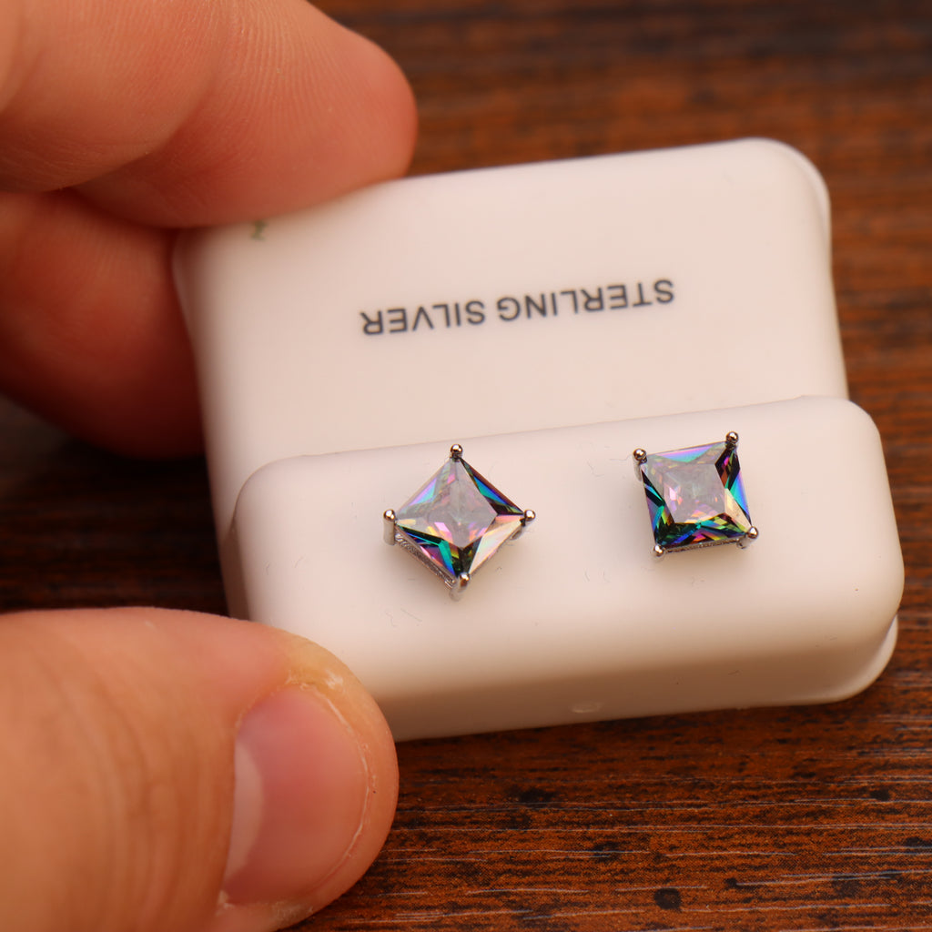 Mystic Topaz Cz Earrings Square Princess Cut 925 Sterling Silver