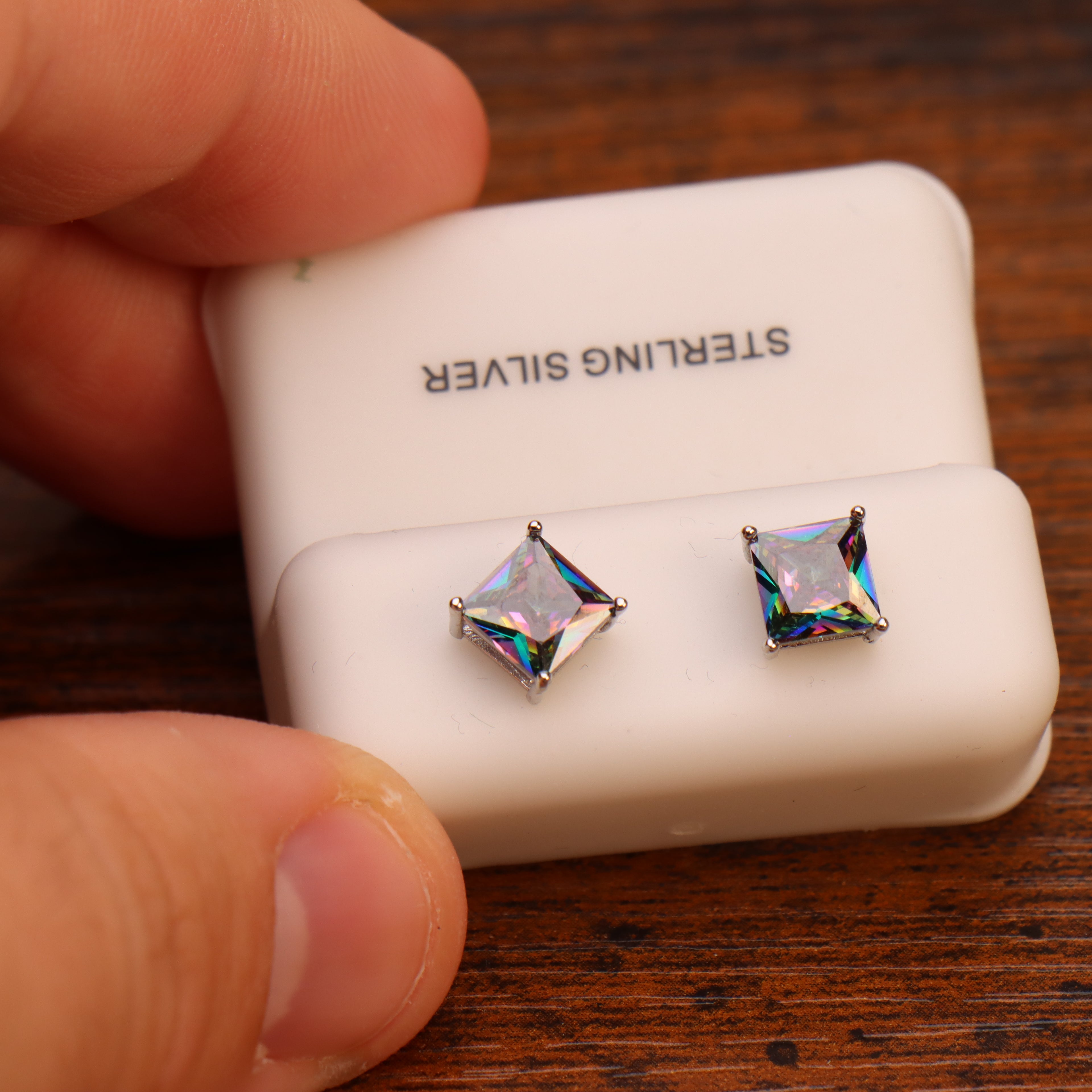 Mystic Topaz Cz Earrings Square Princess Cut 925 Sterling Silver