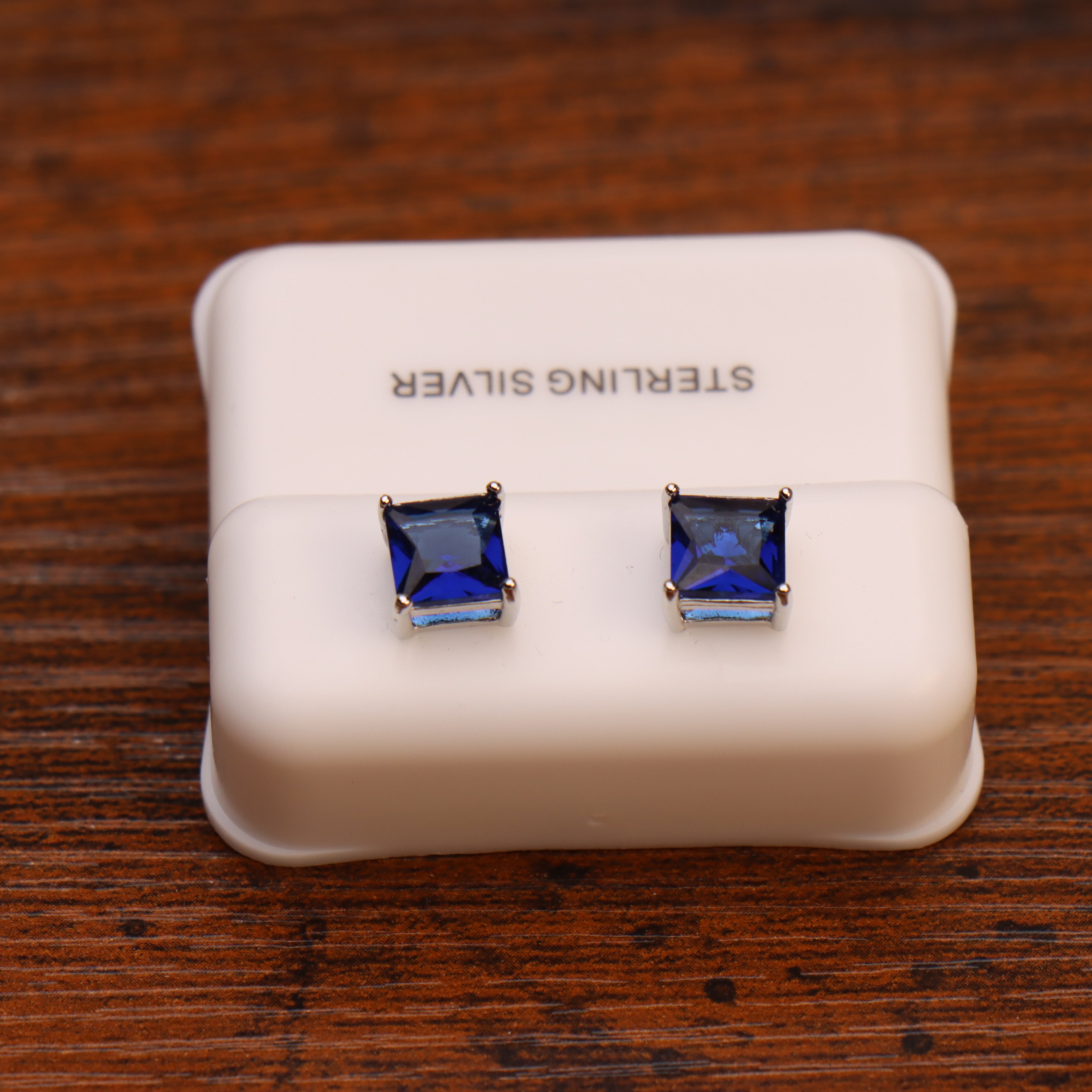 Blue Sapphire Cz Earrings Square Princess Cut 925 Sterling Silver