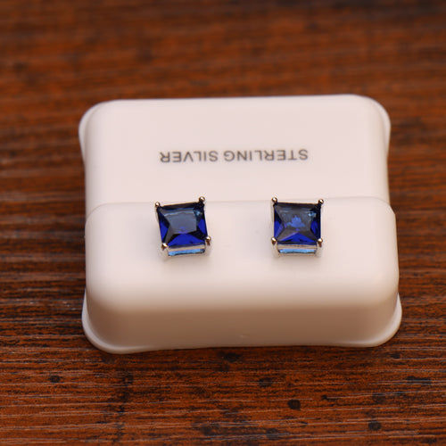 Blue Sapphire Cz Earrings Square Princess Cut 925 Sterling Silver
