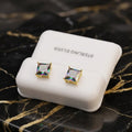 Mystic Topaz CZ Earrings Square 14k Gold over 925 Sterling Silver on a white display stand