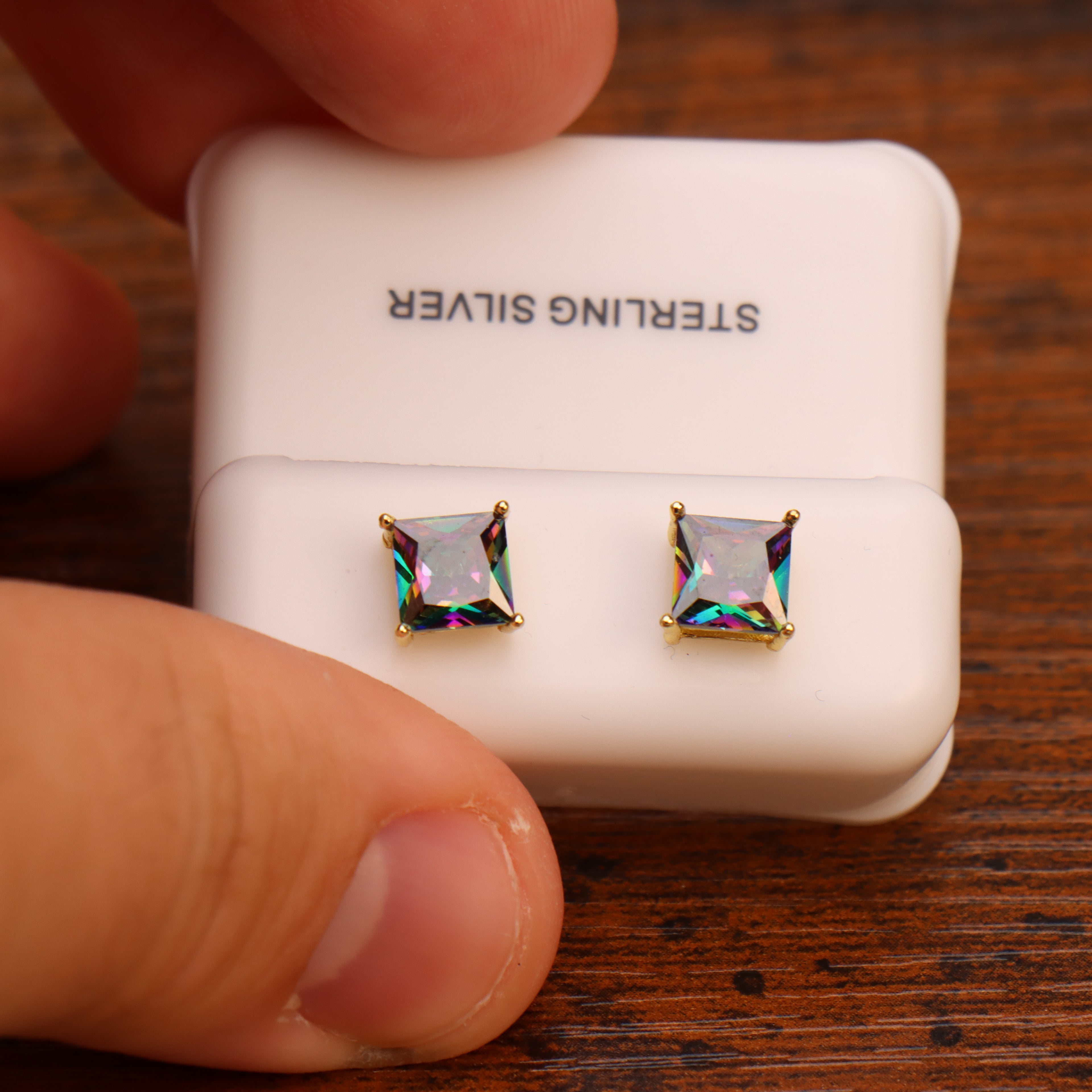 Mystic Topaz Cz Earrings Square 14k Gold over 925 Sterling Silver