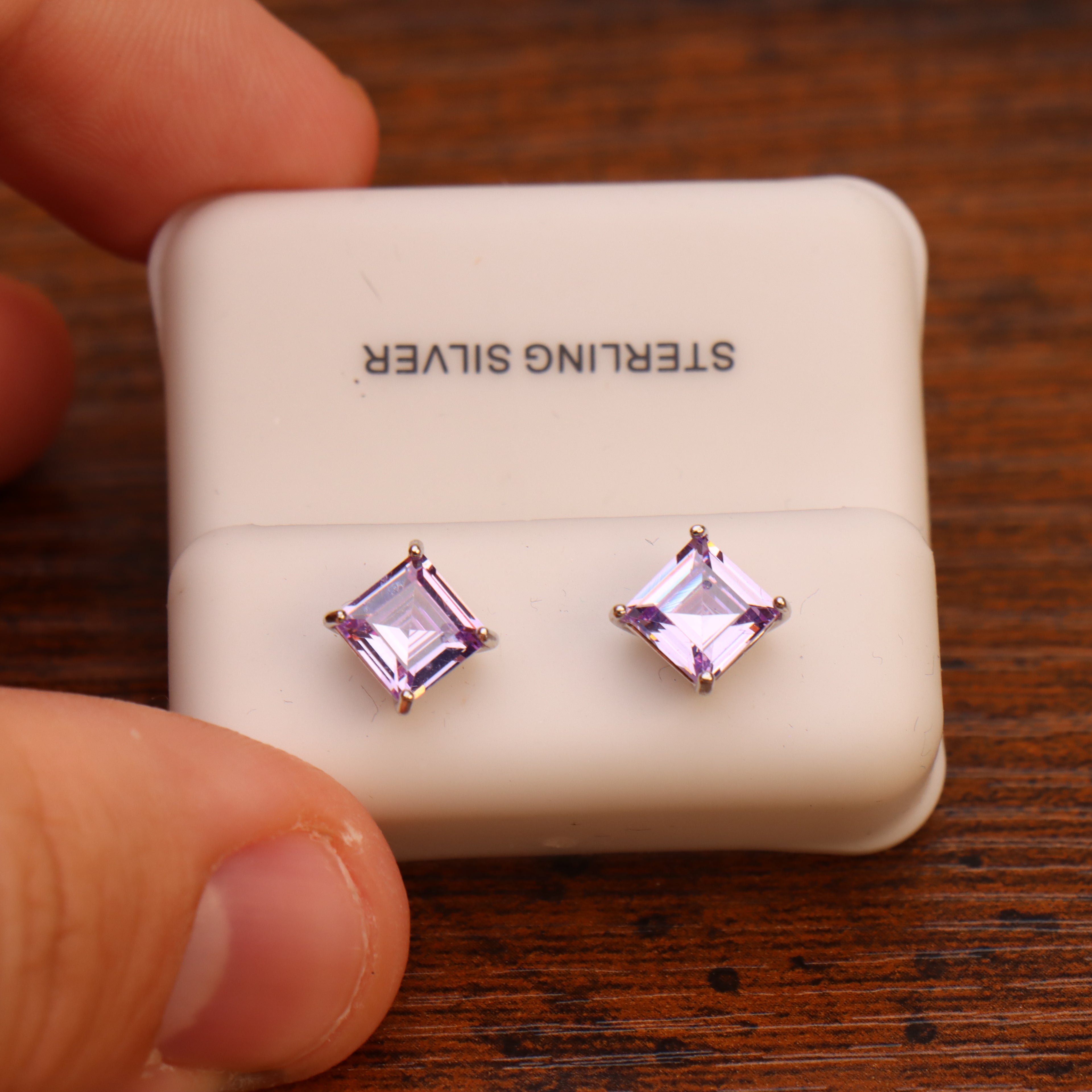 Lavender Cz Earrings Square Asscher Cut 925 Silver