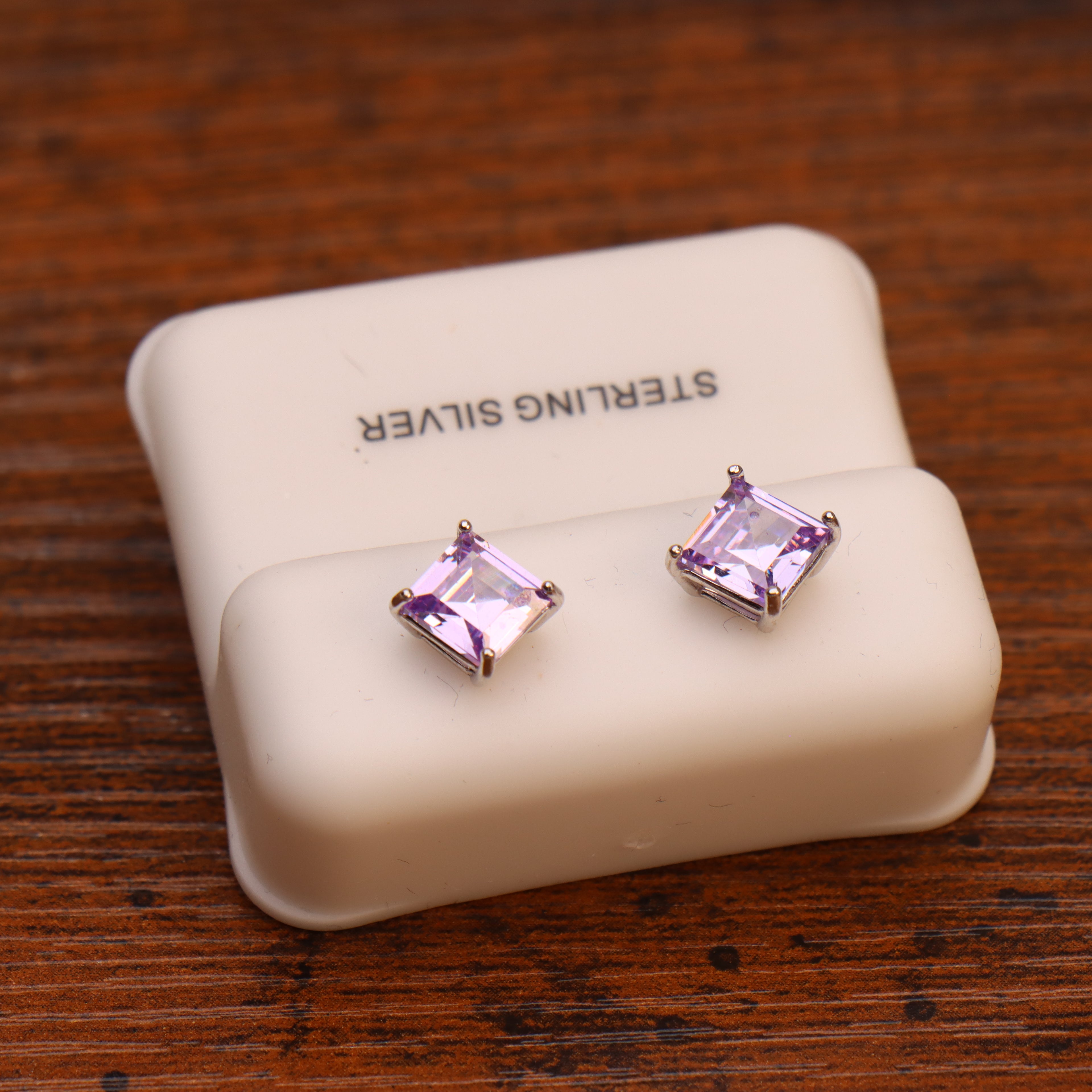 Lavender CZ Square Asscher Cut 925 Silver Earrings on a white sterling silver holder