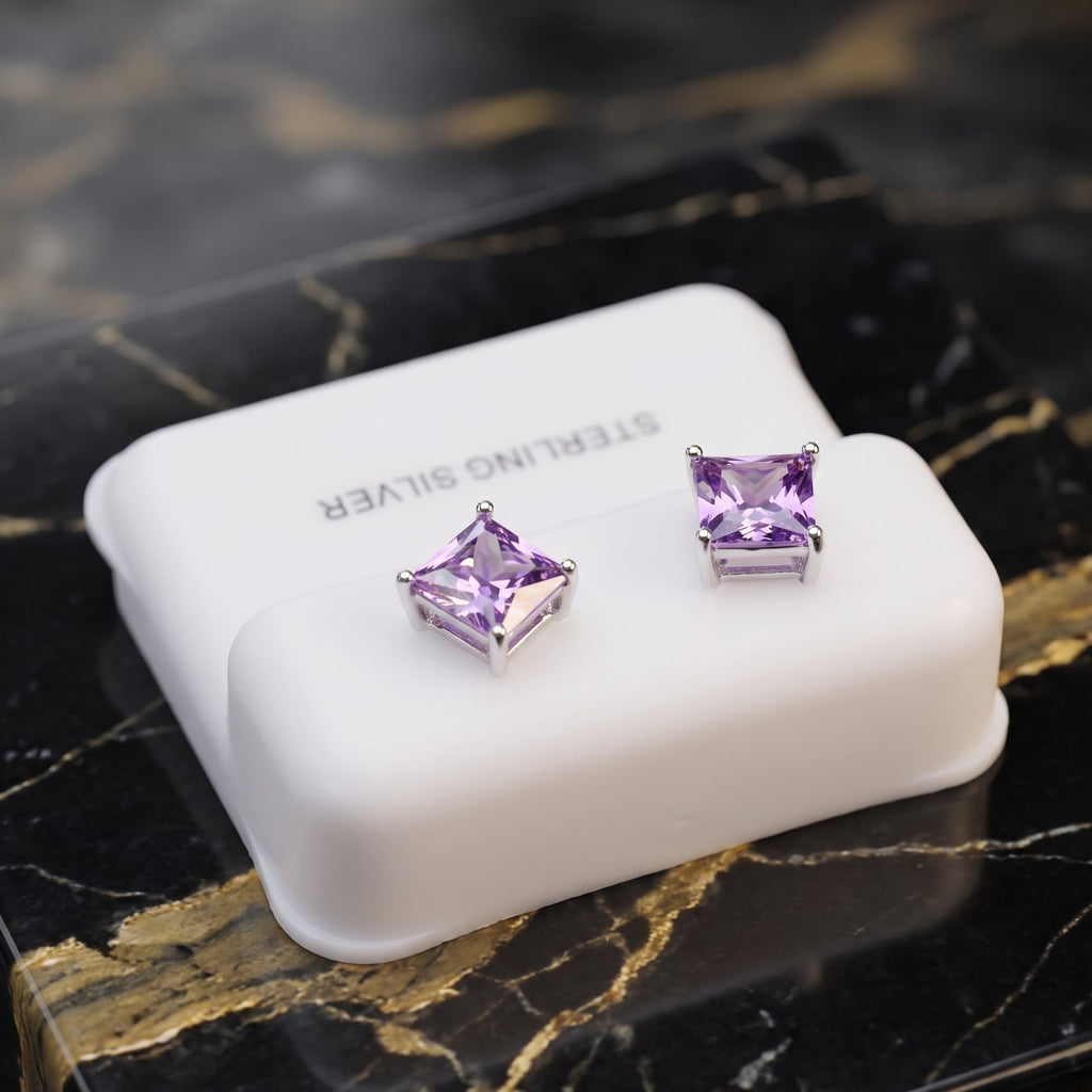 Amethyst CZ Earrings Square Princess Cut 925 Sterling Silver on a white stand