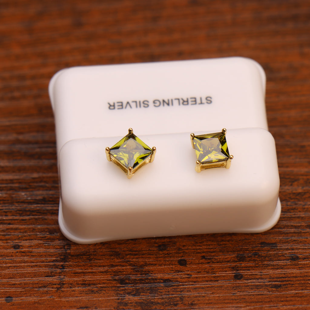 Peridot Cz Earrings Square 14k Gold over 925 Sterling Silver
