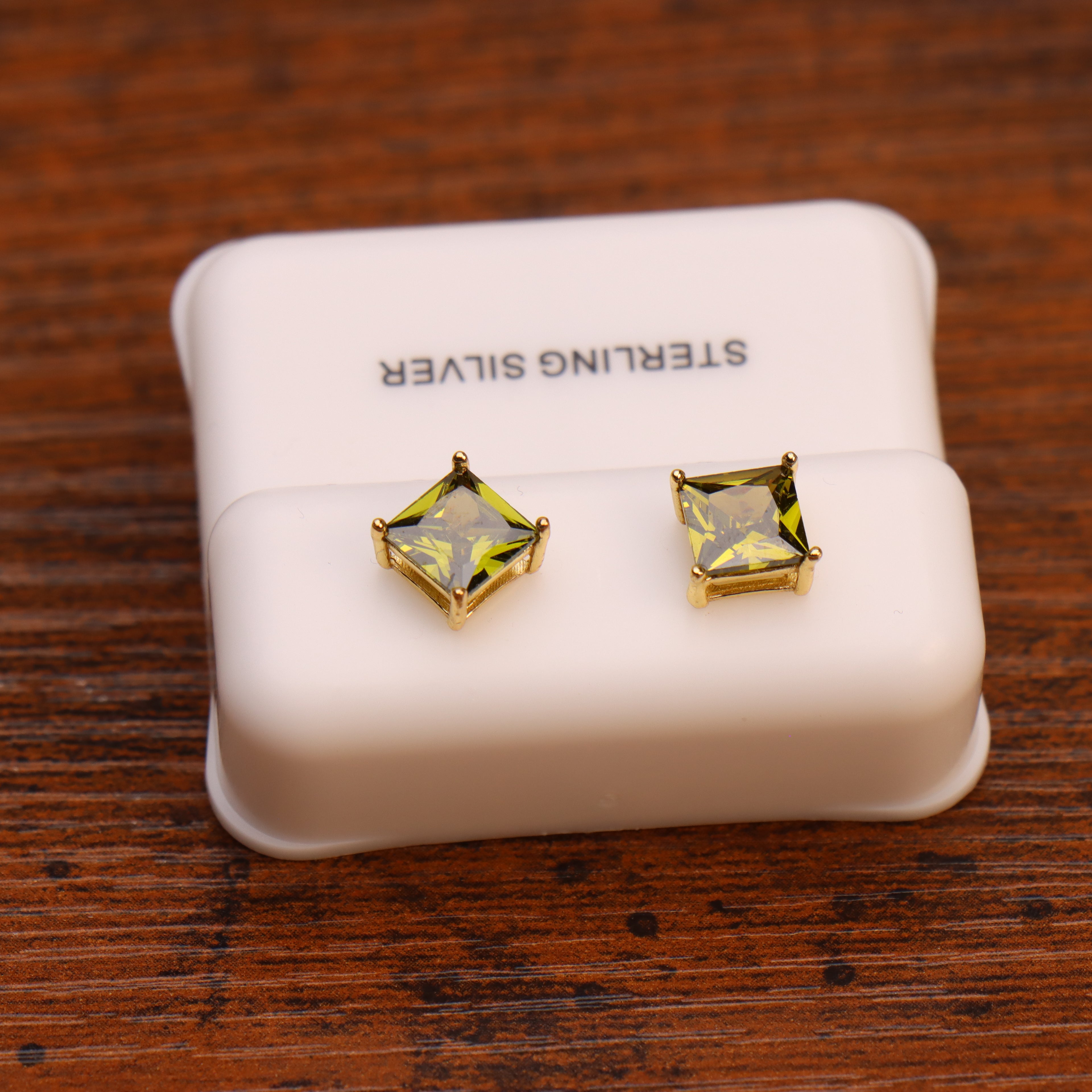 Peridot Cz Earrings Square 14k Gold over 925 Sterling Silver